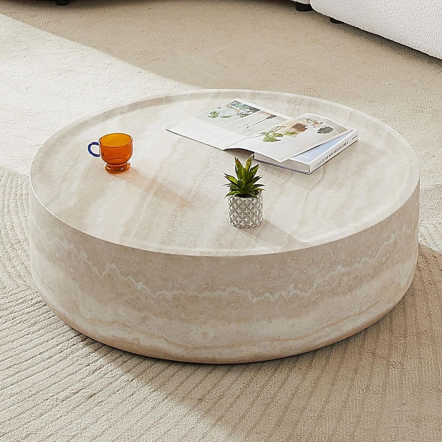 Round Coffee Table for Living Room Circle Coffee Table Modern Drum Center Table for Apartment, No Need Assembly (Fiberglass 31.49” Mars Pattern)