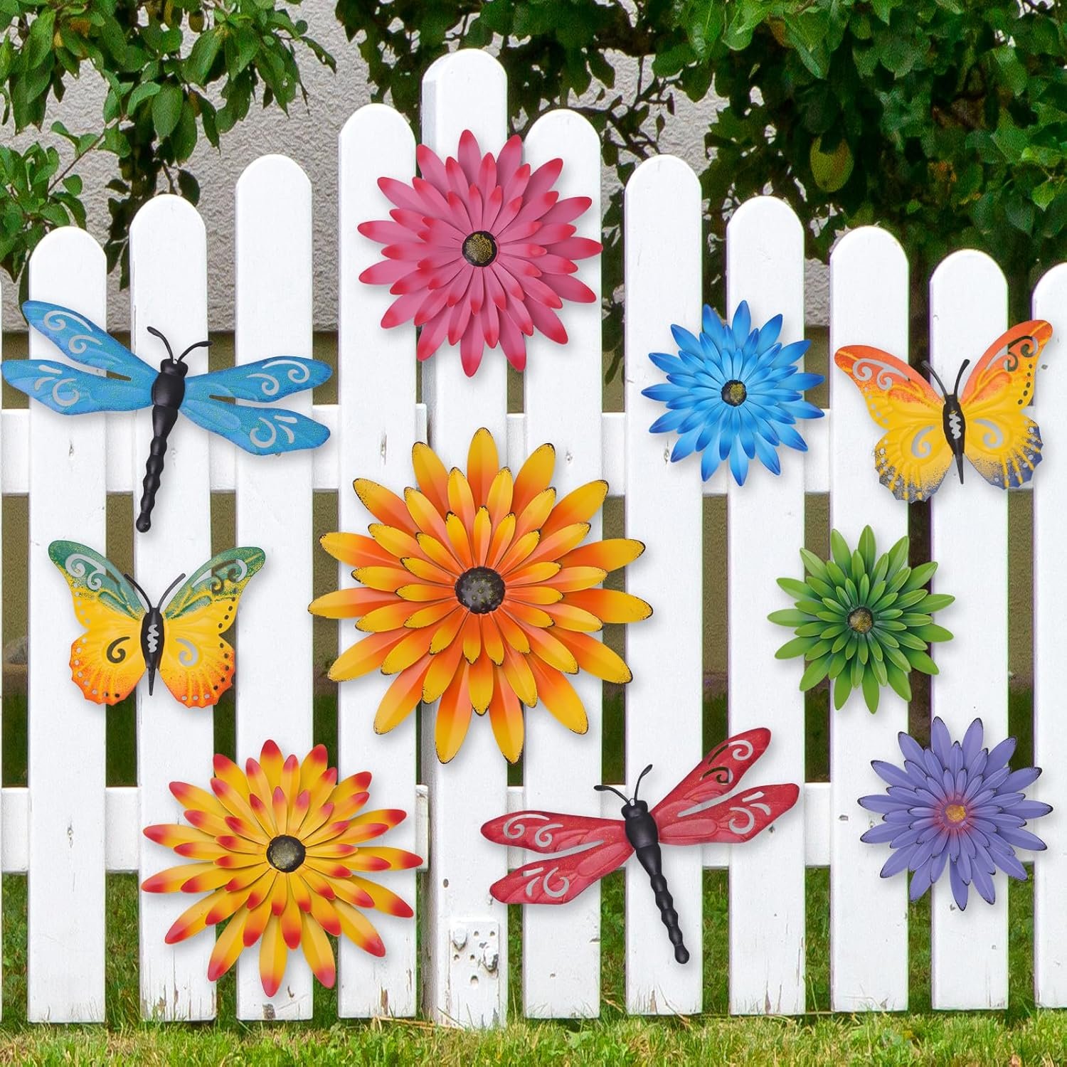Hionfion 10 Pcs Metal Flower Wall Art Decor Kit, 3D Metal Flowers Butterfly Dragonfly Wall Art Decor Hanging Outdoor Wall Art Multicolored Handmade Flowers Outdoor Garden Patio Decor (Vivid Color)