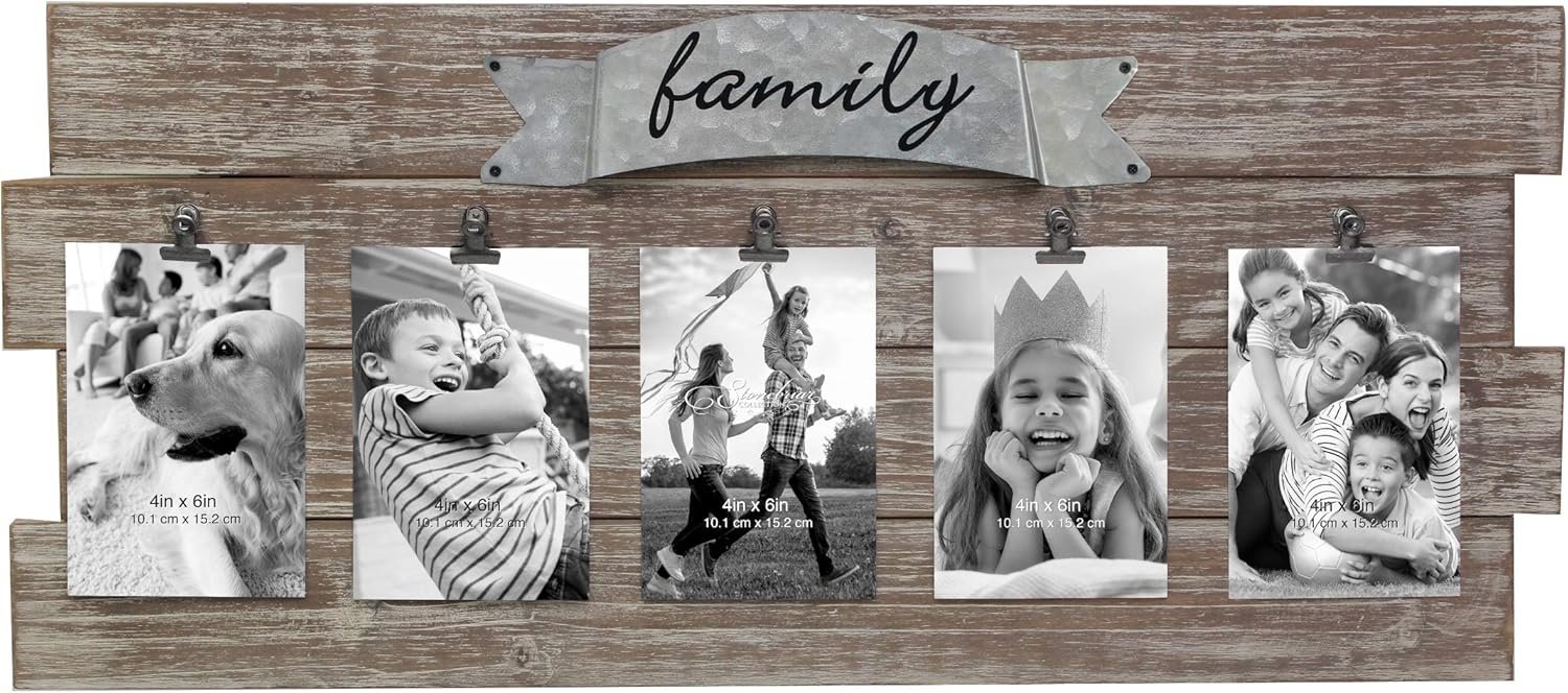 Stonebriar Rustic Wood Collage Picture Frame with Clips and Metal Detail Brown 26″ x 11″