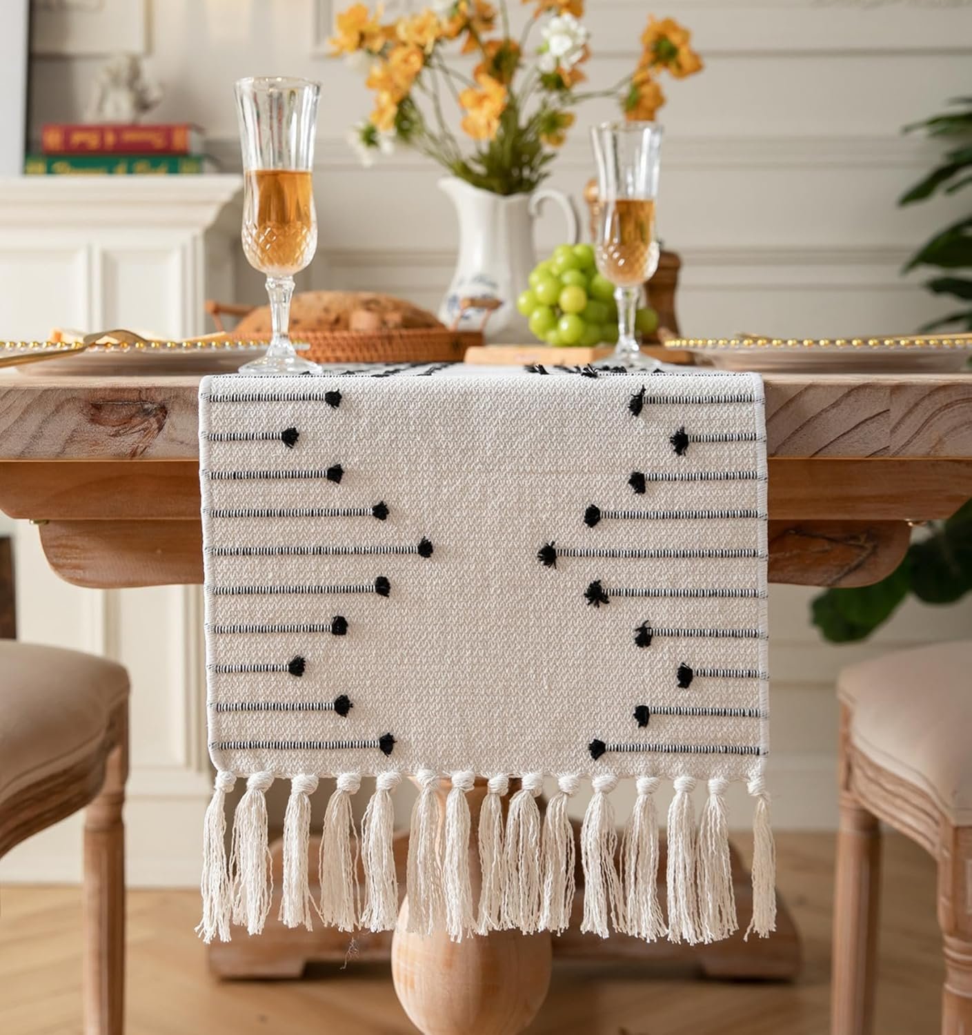 Boho Table Runner 13 x 90 Inch Long Natural Cotton Woven Runner with Tassels for Home Dining Table décor, for Modern Farmhouse Decor Coffee Table Runner, Black and Beige