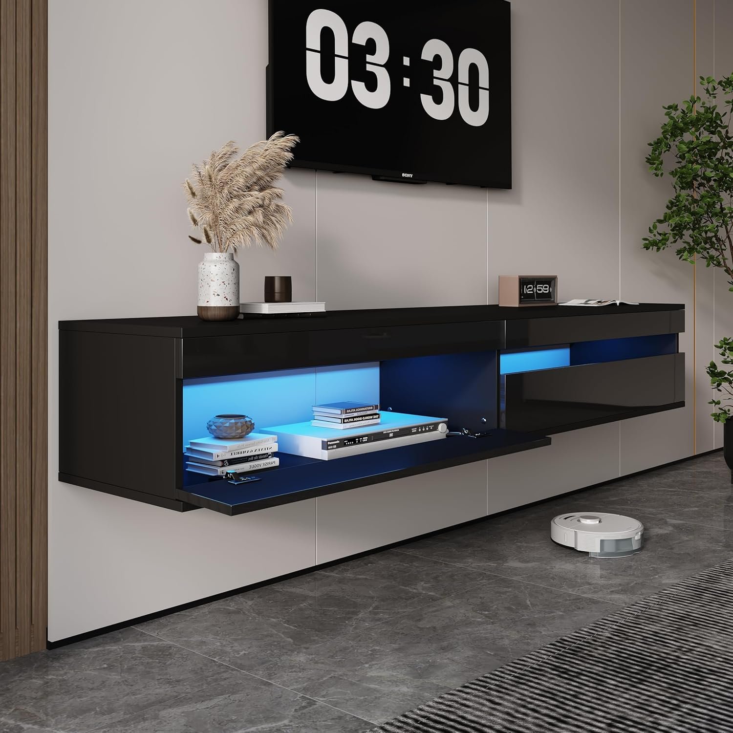 Solid Wood Floating TV Stand with LED Lighting & Power Outlet,71″ High-Gloss Entertainment Center Wall Mounted with Storage,Modern TV Console for TVs up to 85″,TV Console for Living Room,Black