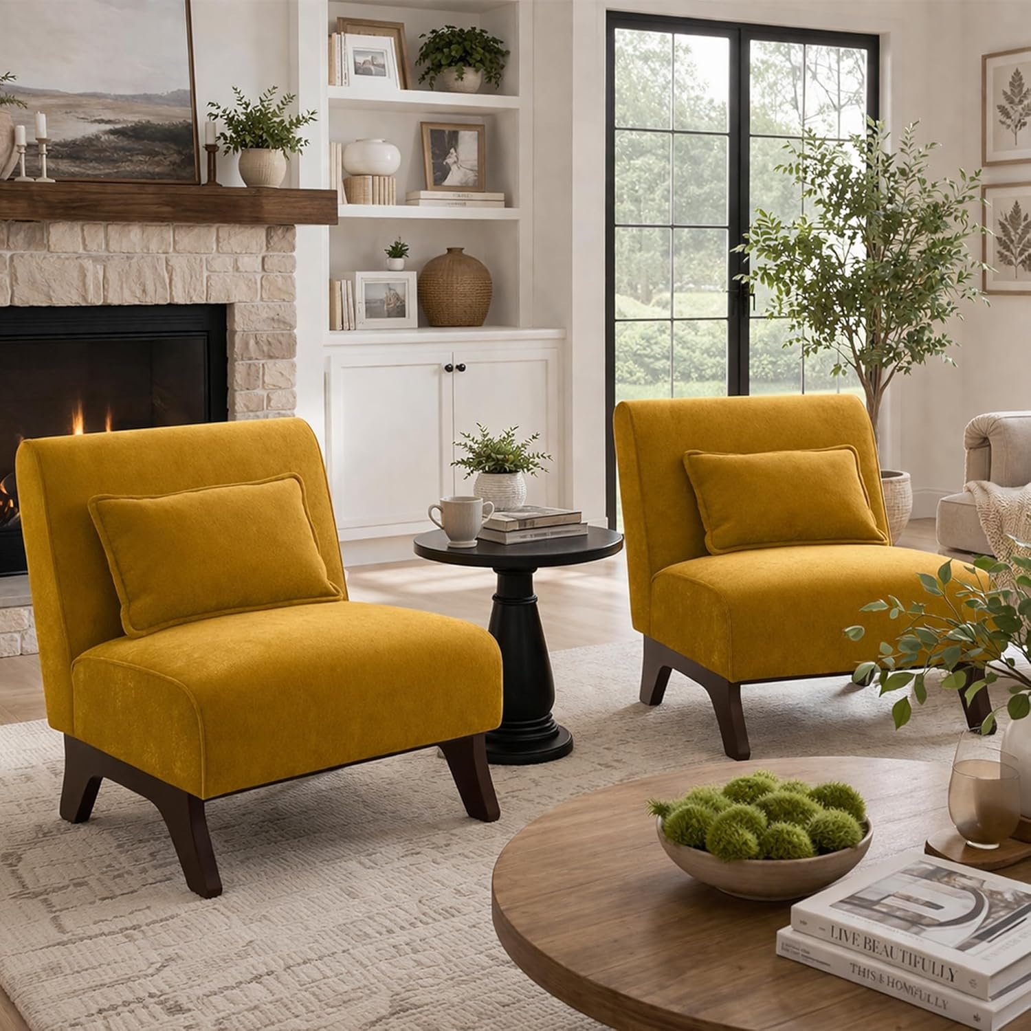 Accent Chairs Set of 2,Modern Comfy Upholstered Armless Living Room Chair with Wooden Legs& Pillows,Lounge Sofa Side Chair for Bedroom Farmhouse Waiting Room (2 PCS, Yellow)