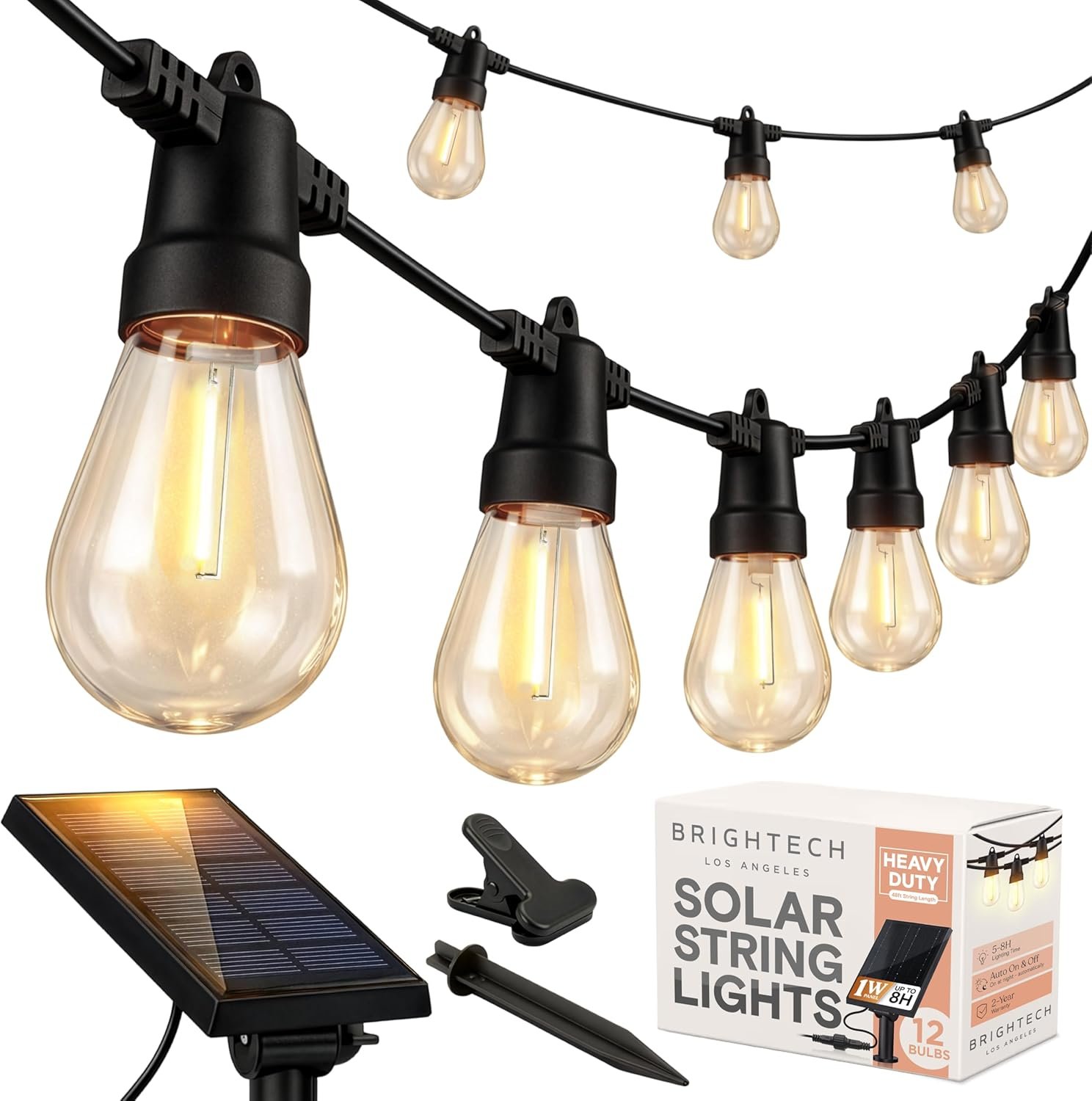 Brightech Ambience Pro Solar Powered Outdoor String Lights -27 ft Commercial Grade Waterproof Edison Patio Lights, Shatterproof LED String Lights for Outside, Porch – 12 Bulbs, 1W Soft White