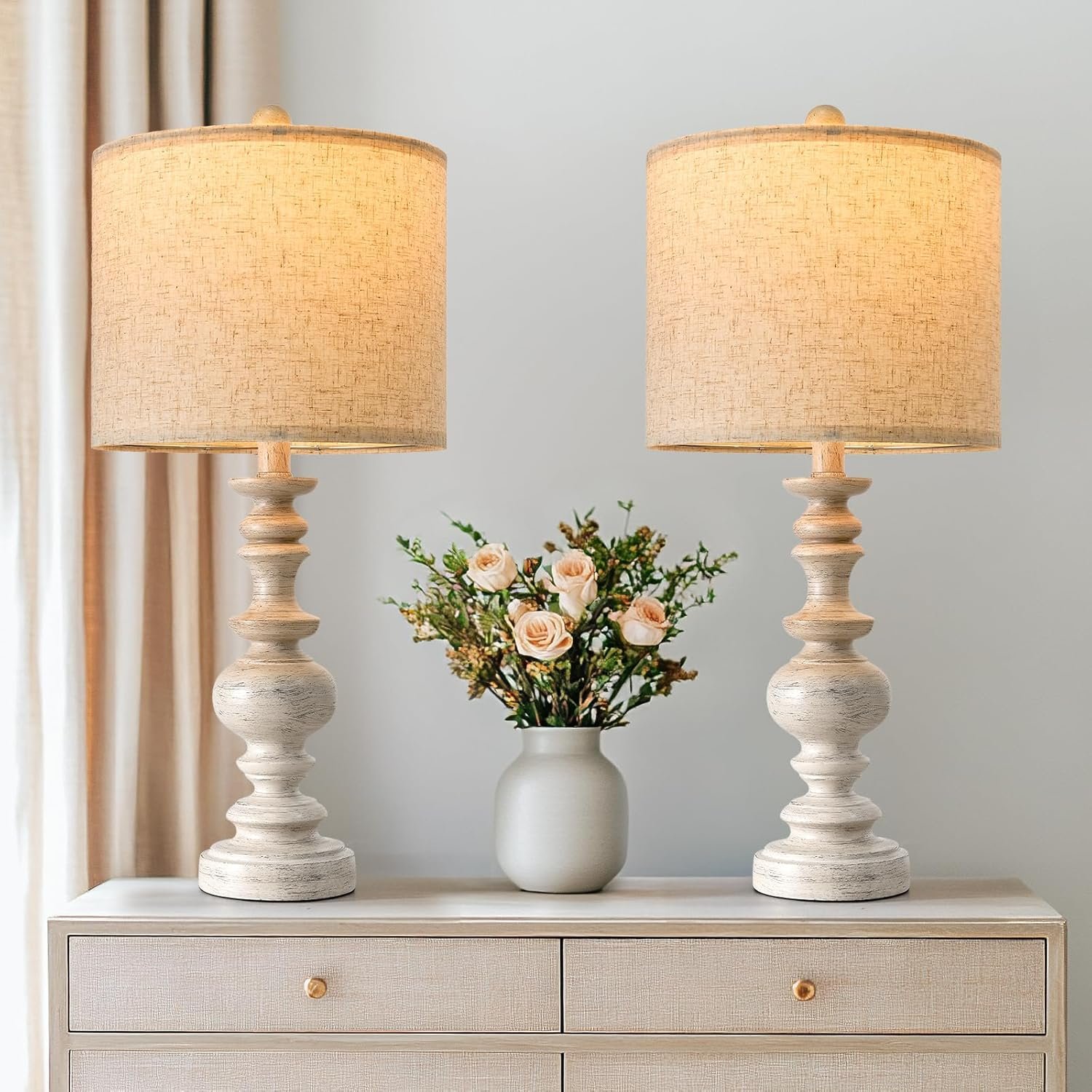 BOBOMOMO 24″ Farmhouse Resin Table Lamp Set of 2, Vintage Lamps for Living Room Bedroom with Linen Shades, Traditional Rustic Bedside Lamps Retro Table Lamps for Living Room, Bedroom, Office