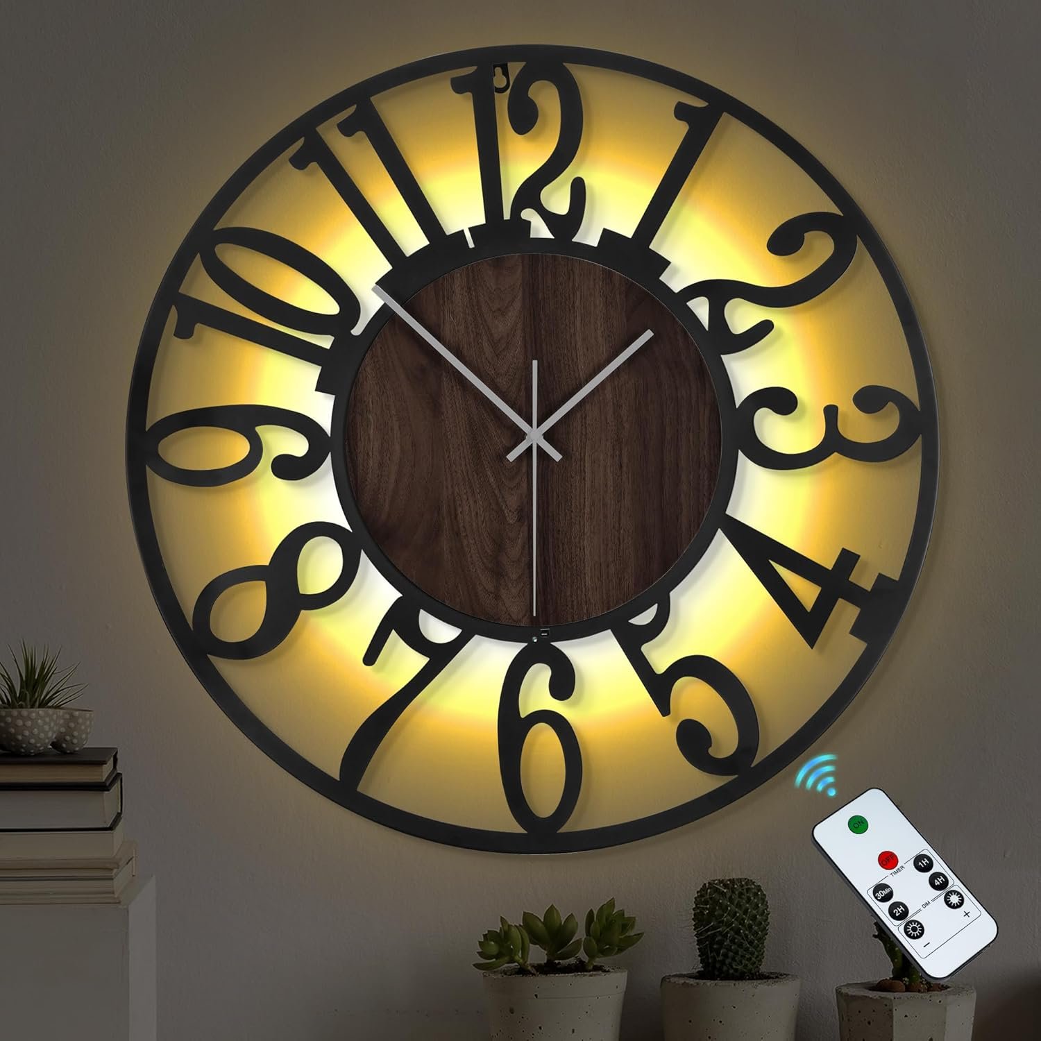 LEIKE Large Wall Clock 24” Lighted Rustic Wood Clock with Remote Timer, Silent Battery Operated Modern Oversized Wall Clock for Living Room, Bedroom, Farmhouse, Home Decor, Large Number Display