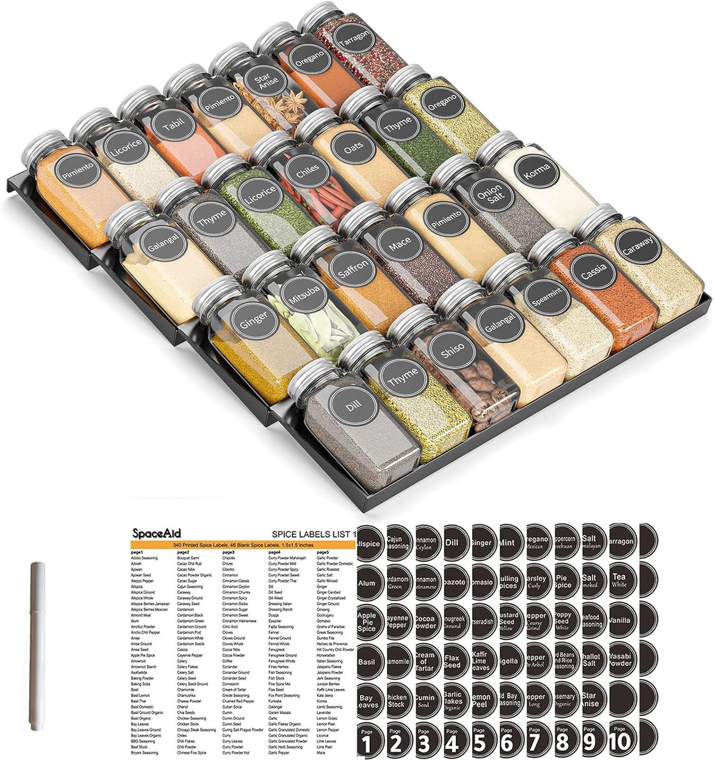 SpaceAid Spice Drawer Organizer with 28 Spice Jars, 386 Spice Labels, 4 Tier Seasoning Rack Tray Insert for Kitchen Drawers, 13″ Wide x 17.5″ Deep