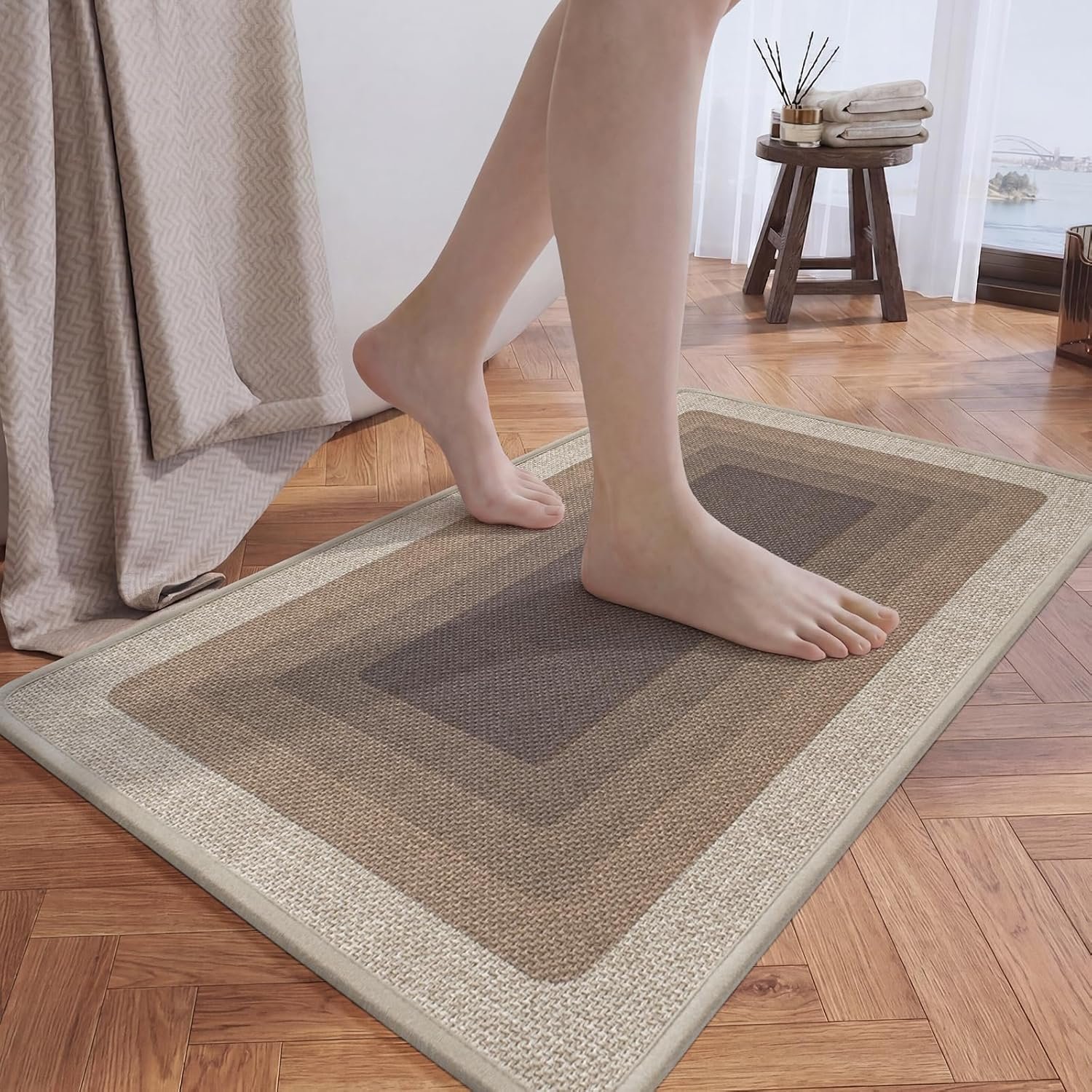 Ultra Thin Bath Mat Bathroom Rugs, Quick Dry Super Absorbent Washable Bath Shower Mats, Rubber Backing Non Slip Bathroom Rug Fit Under Door, Brown 16×24