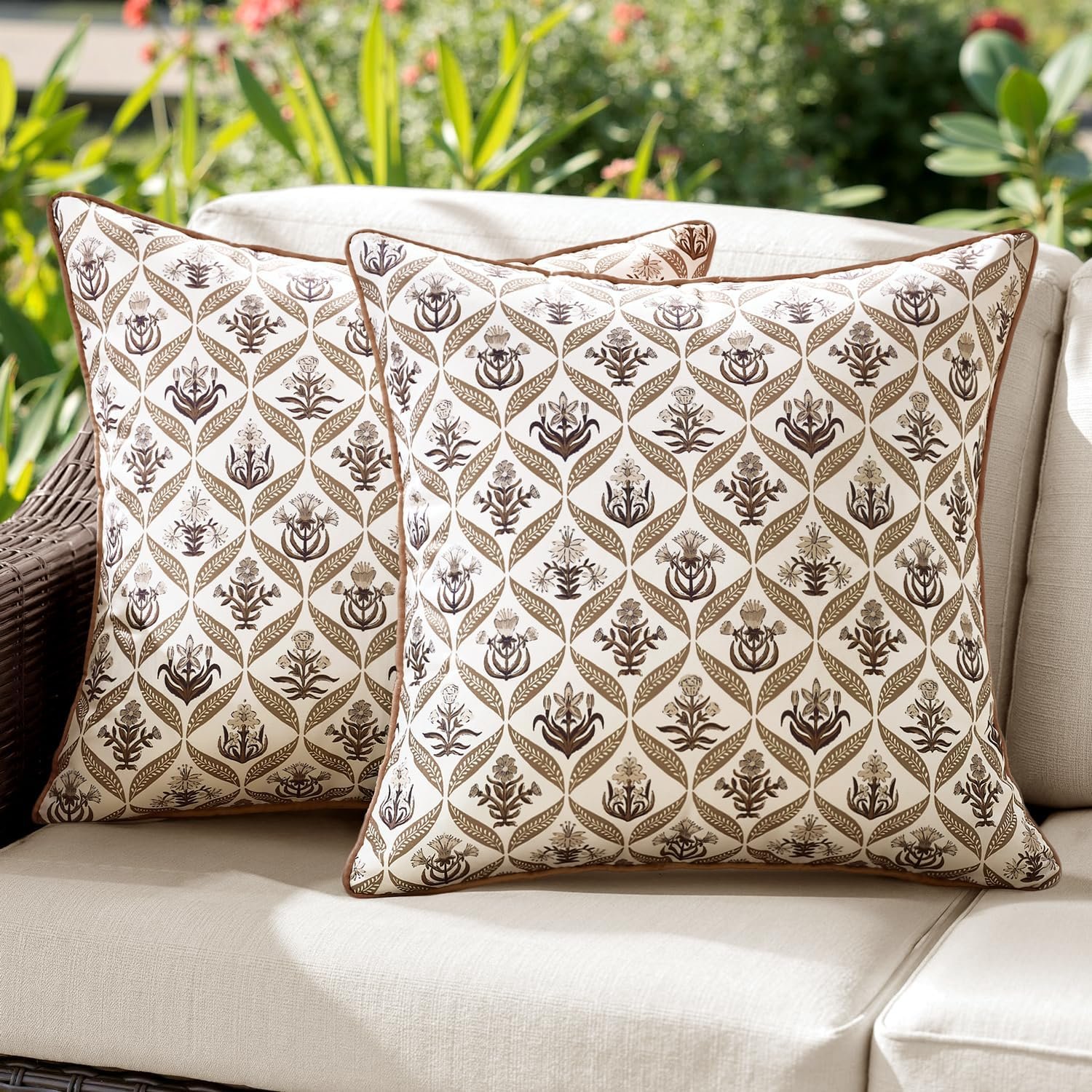 ANRODUO Floral Outdoor Pillow Covers 18×18 Waterproof Set of 2 Block Print Accent Decorative Cushion Cases with Refined Edge Piping for Summer Patio Porch Garden Couch Sofa Bench Decor Brown