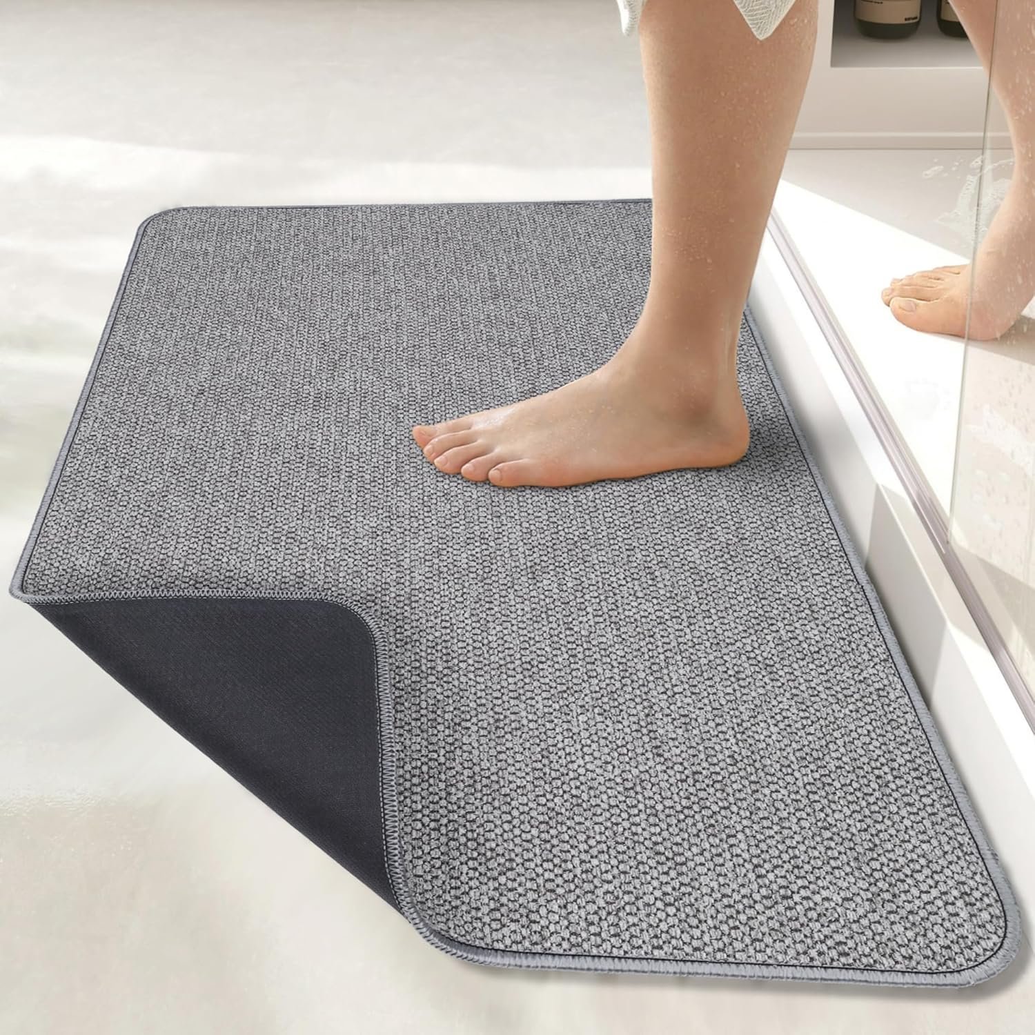 Bath Mat,Ultra Thin Bathroom Rugs,Rubber Bath Mats for Bathroom,No Slip Bath Rugs,Quick Dry,Machine Washable,Low Pile,Absorbent,Shower Outside,Sink,Home Decor Accessories.Grey,1’5″x2’3″(17x27Inch)