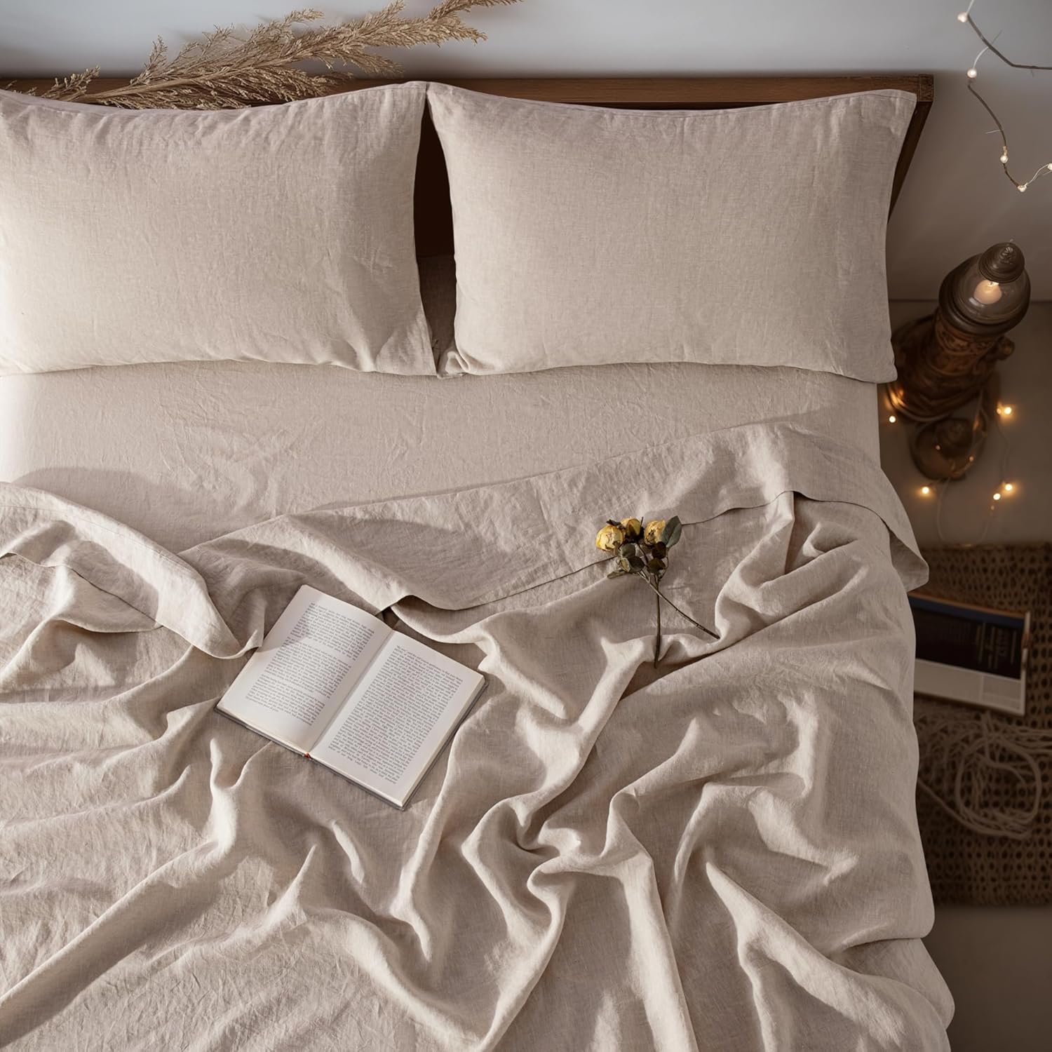 LBRO2M 100% Pure Linen Sheet Set Deep Pocket Up to 16″ Bed Sheets Sets, Natural Flax Beddings Soft, Breathable, Comfortable for All Seasons 4 Pcs Sheet Set Queen Size, Linen