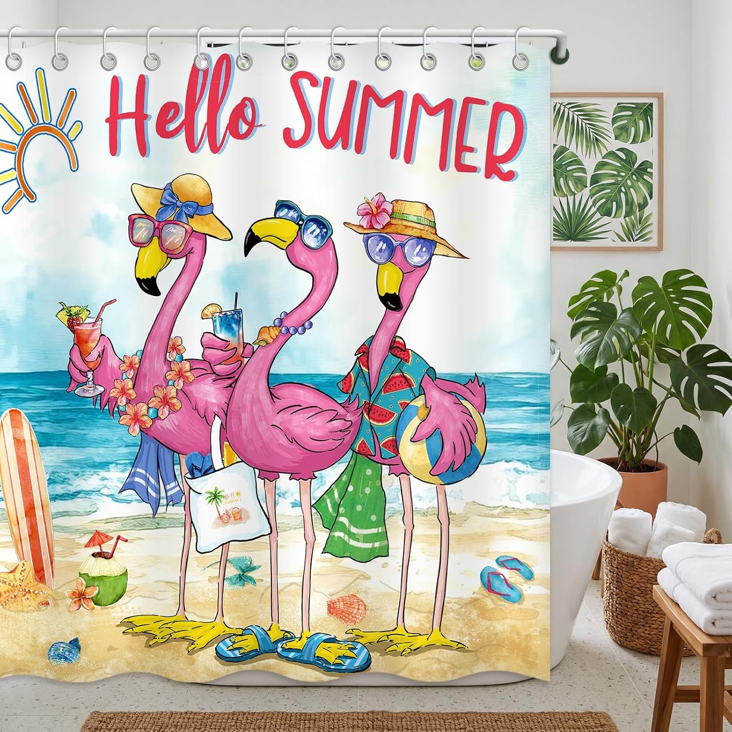 Moutina Funny Flamingo Hello Summer Shower Curtain, Tropical Beach Bathroom Decor Shower Curtain Set – 72×72 Inch Waterproof Polyester Fabric with Hooks