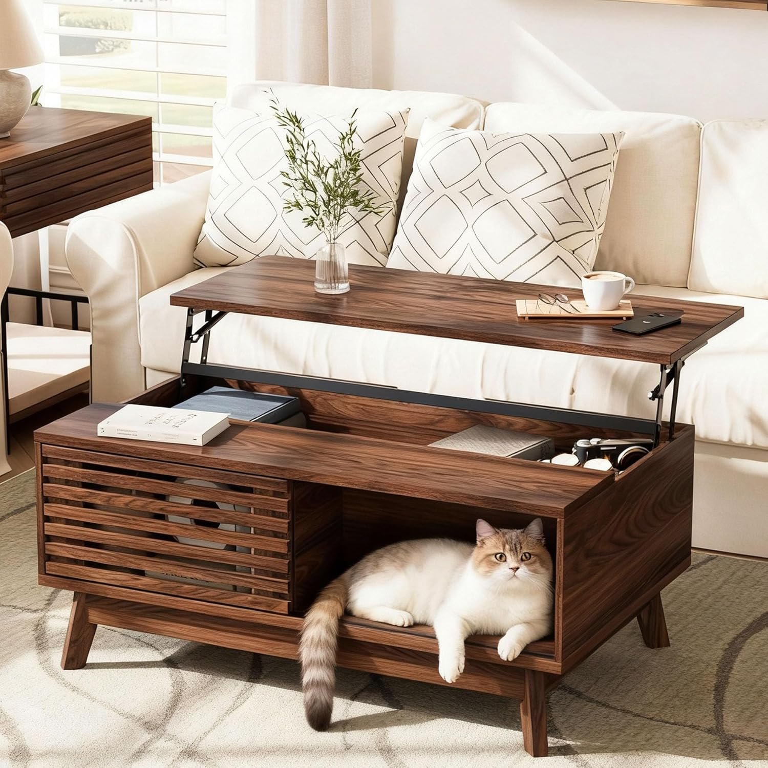 HAIOOU Lift Top Coffee Table, Mid Century Modern Coffee Table with Storage for Living Room, 35.4” Walnut Coffee Tables with Sliding Fence Door (Brown)