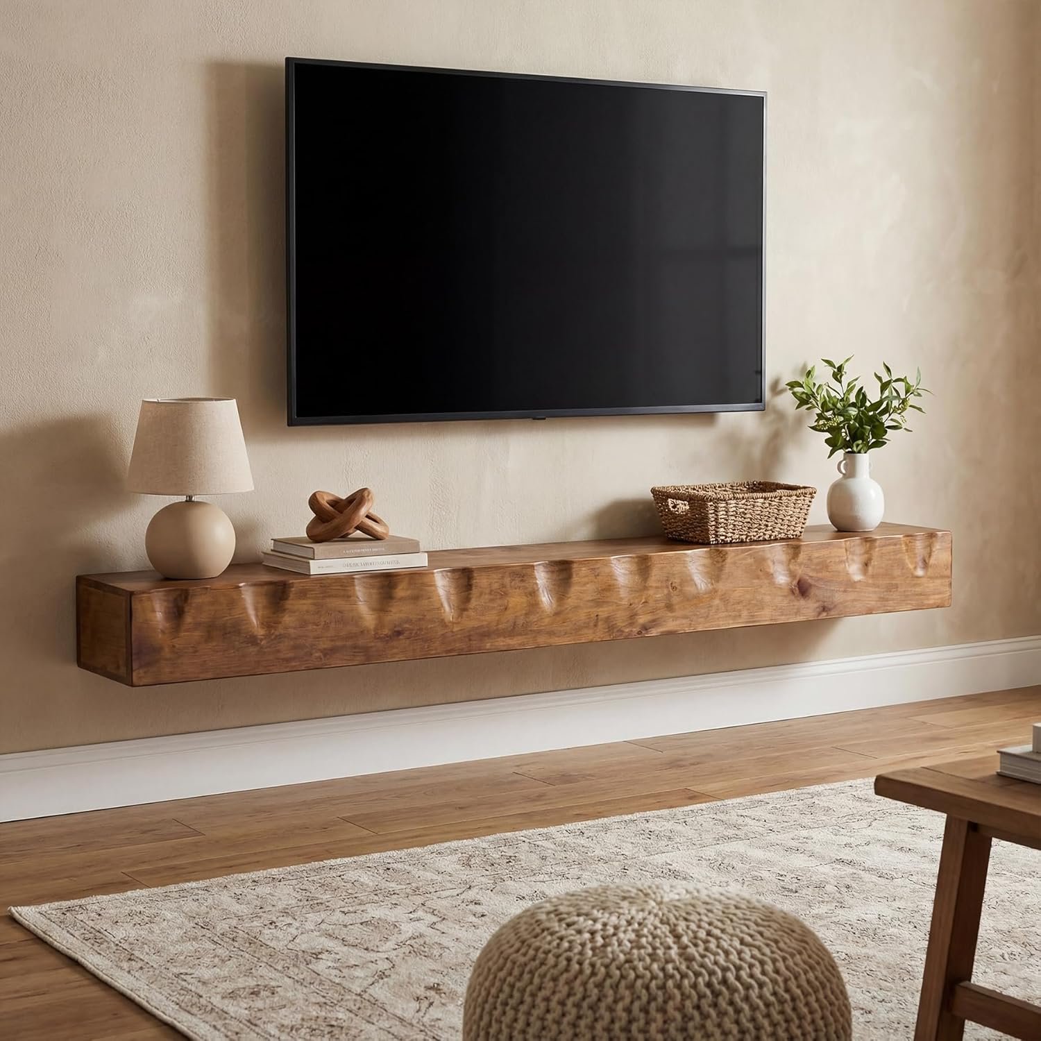 Solid Wood Floating TV Stand Wall Mounted, 63 Inches Floating Entertainment Center, Wall Shelf for TVs up to 75 Inches, Media Console for Living Room, Bedroom, Rustic Brown