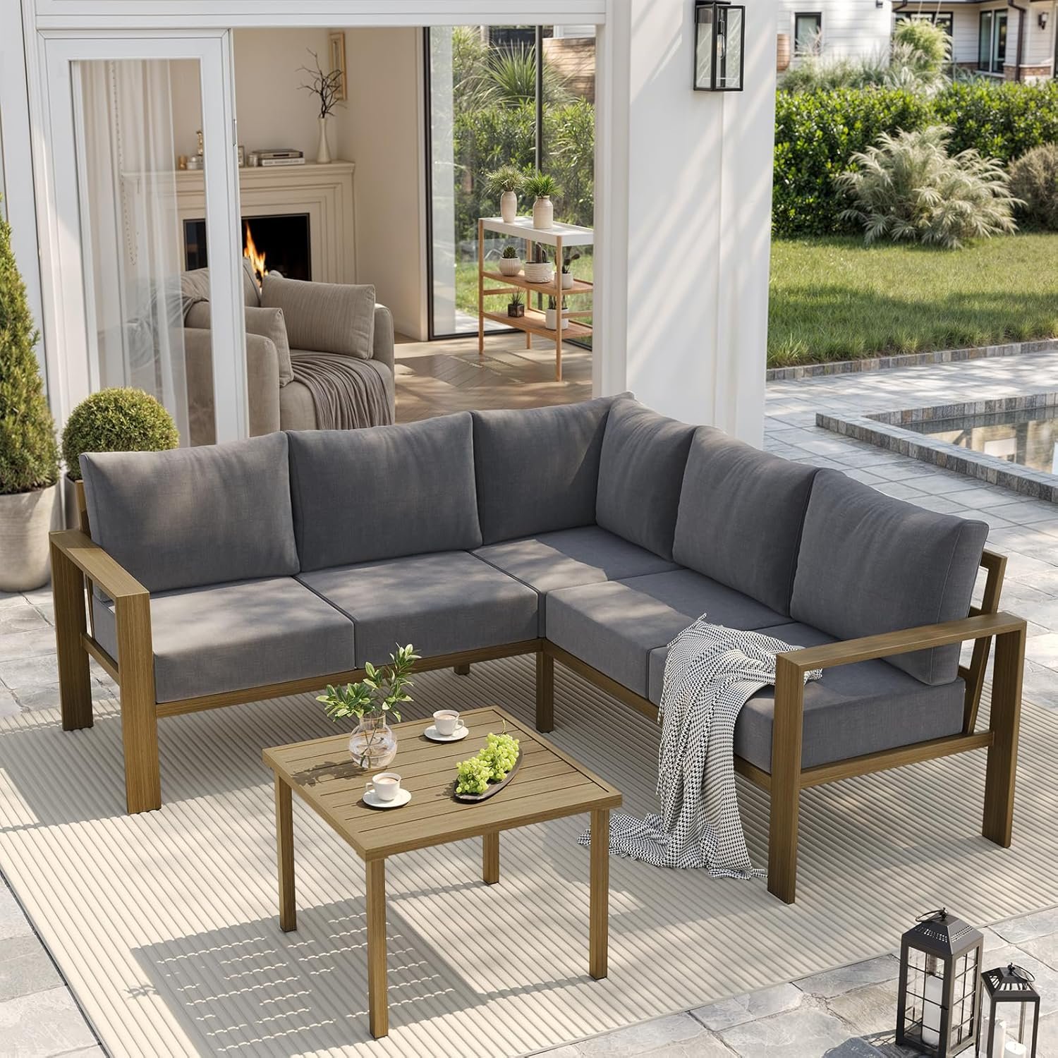 UDPATIO 6 Piece Patio Furniture Set, Faux Wood Metal Outdoor Sectional Sofa with 6″ Thick Olefin Cushions, Wide Armrest & Coffee Table, L Shaped Outdoor Furniture for Garden, Backyard Dark Grey