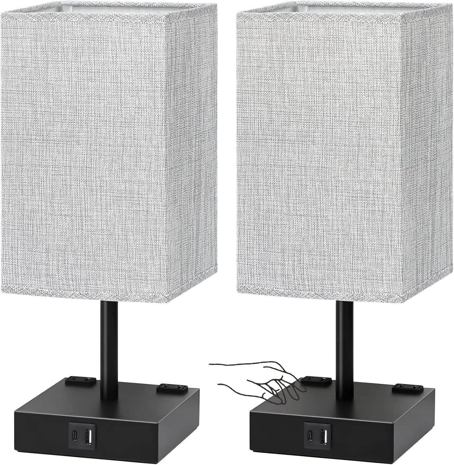 Bedside Table Lamps Set of 2 – Touch Nightstand Lamp for Bedroom with USB C+A Charging Ports & AC Outlets, 3-Way Dimmable Desk Lamp Grey Fabric Shade for Bedroom Living Room, Office(Bulb Included)