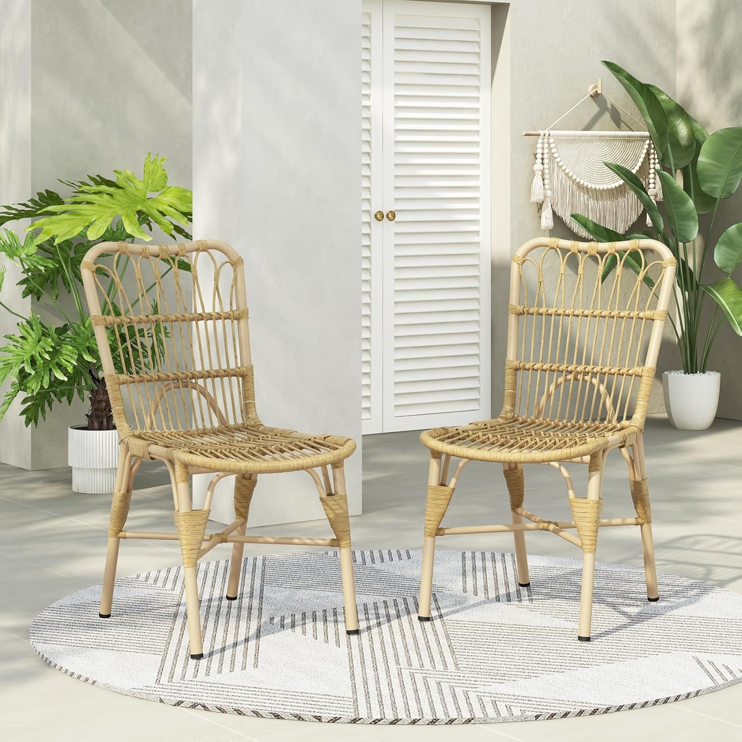 Christopher Knight Home Set of 2 Rekker Patio PE Wicker Dining Chairs, Outdoor Woven Rattan Accent Chair with Iron Frame, Fully Assembled Lounge Chair Outdoor for Garden/Backyard/Balcony, Natural