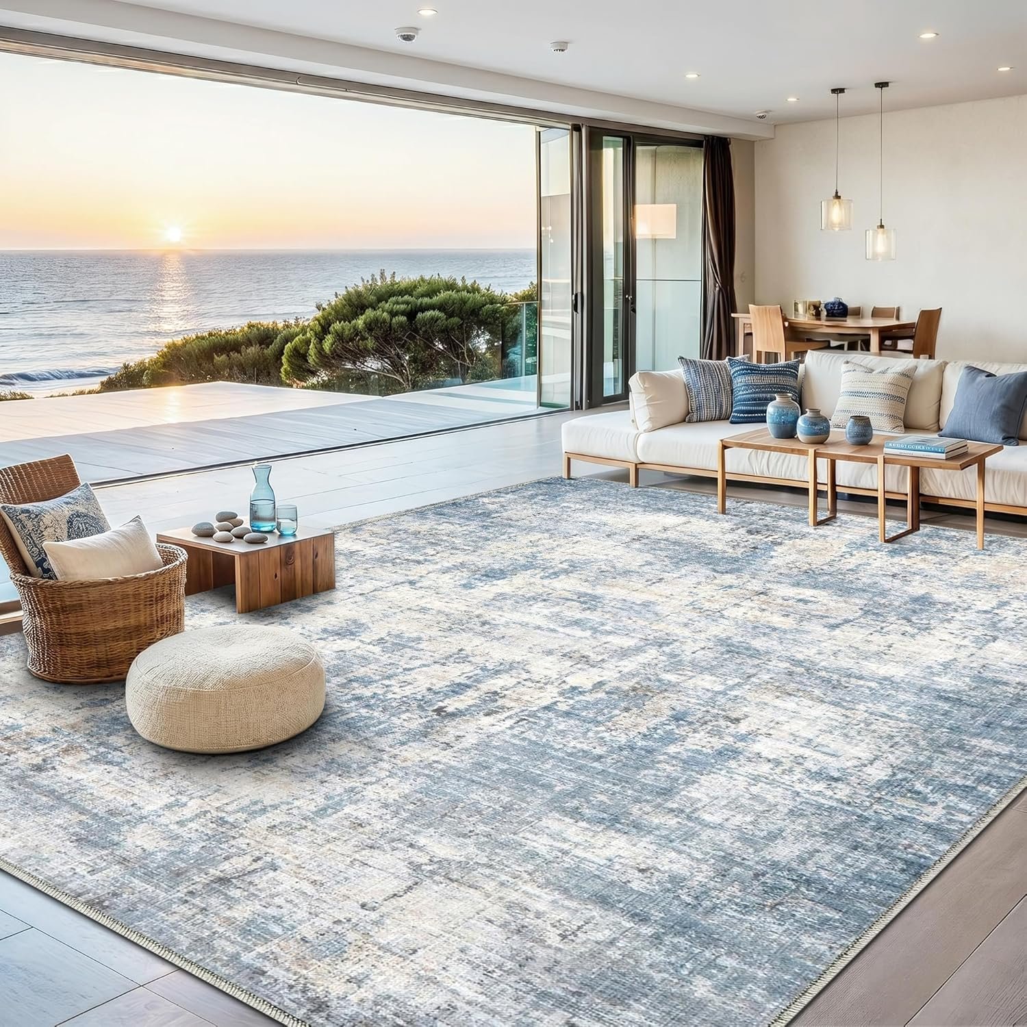 8×10 Area Rugs Washable Living Room Rug-No Slip Soft Carpets Modern Abstract Coastal Indoor Floor Stain Resistant Large Carpet for Bedroom Dining Room Farmhouse Nursery Home Office Blue