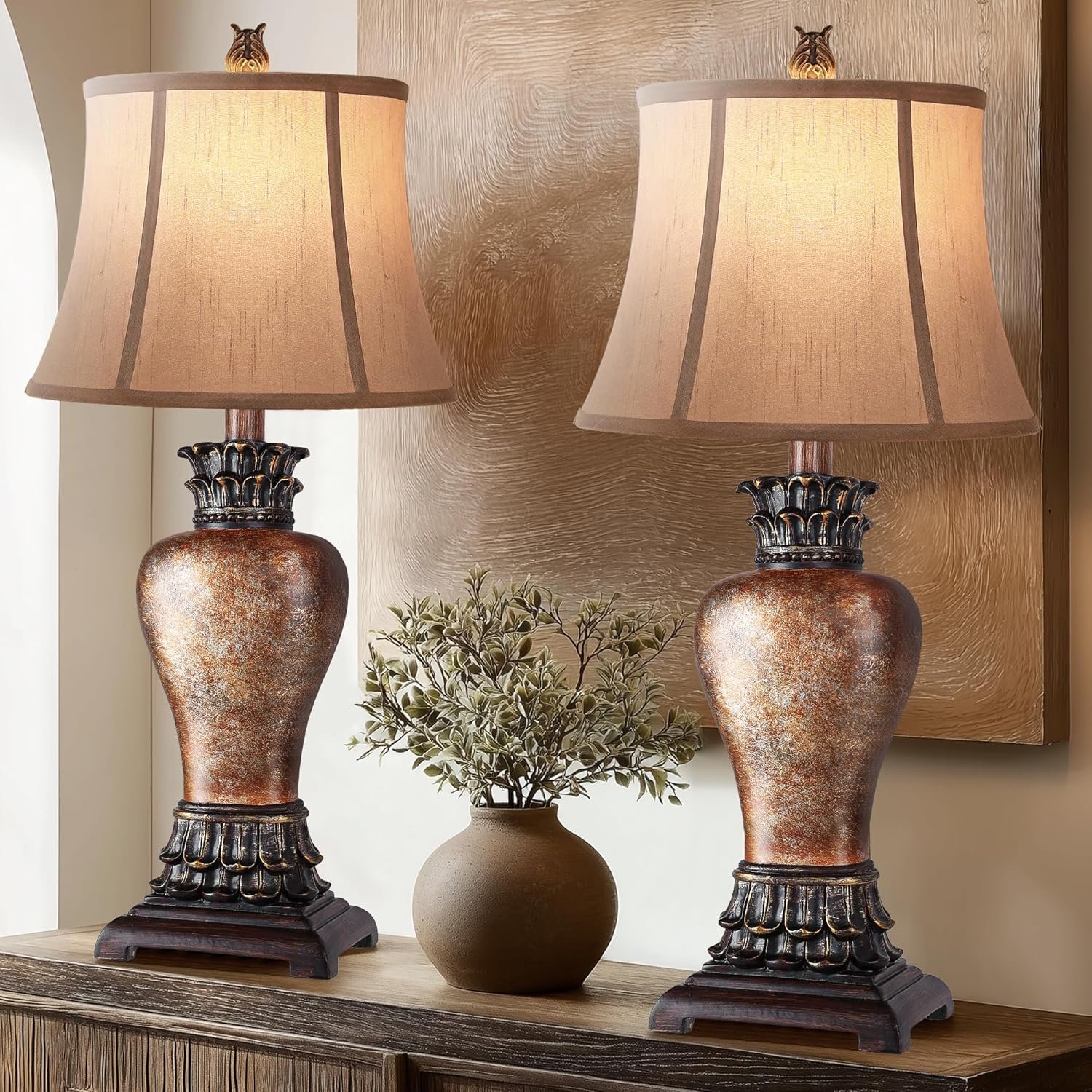 Hamucd 27″ Set of 2 Tall Farmhouse Rustic Table Lamps for Living Room,3-Color Temperature Dimmable Western Bedroom Lamps for Night Stands Traditional Antique Decor (Brown)