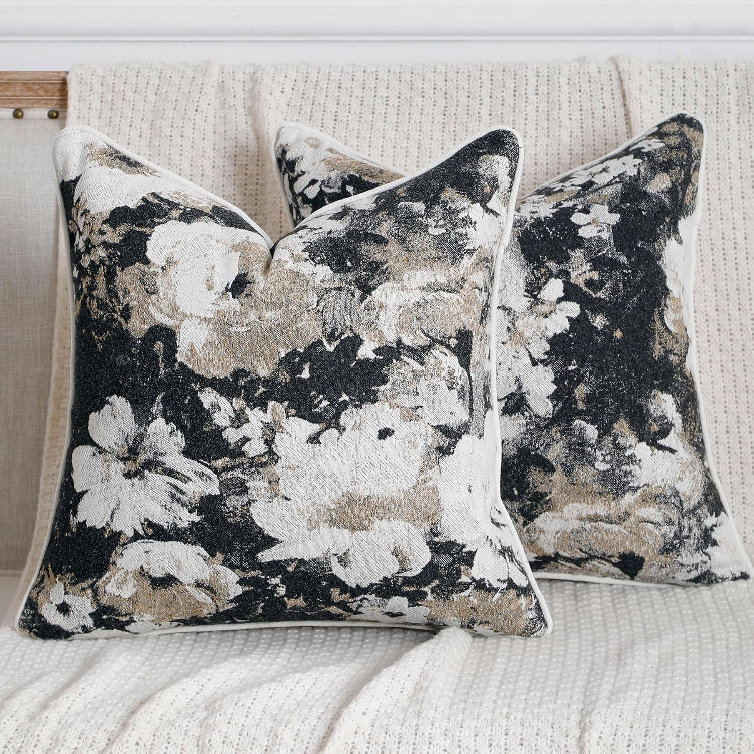 Vintage Floral Throw Pillow Covers 18×18 Set of 2 Neutral Boho Farmhouse Soft Chenille Jacquard Decorative Couch Pillow Covers for Sofa Couch Bed Living Room Home Décor Beige Black