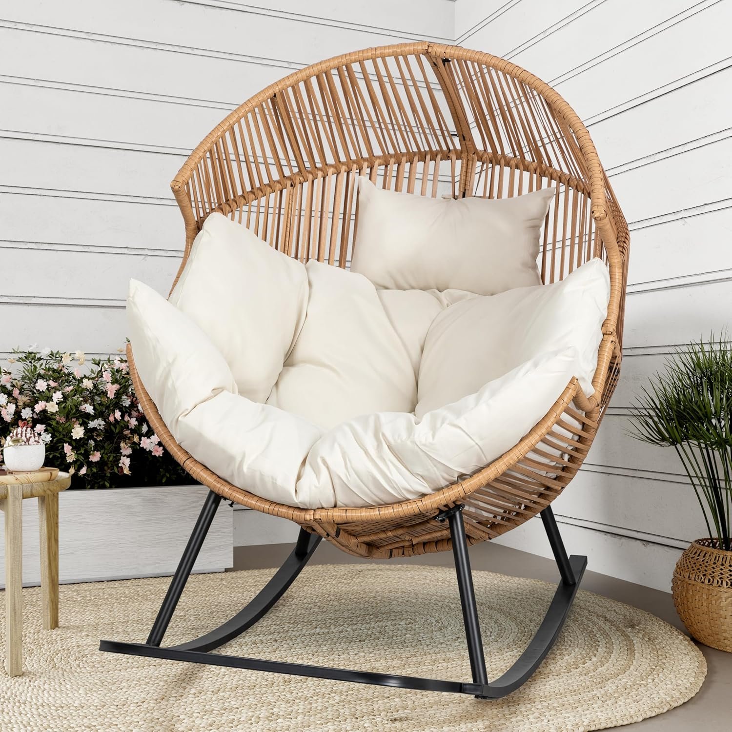 Shintenchi Egg Chair Outdoor, Oversized Outdoor Indoor Wicker Rocking Chair, Large PE Rattan Egg Rocking Chair with Cushion for Patio, Balcony, Backyard, Garden, Beige