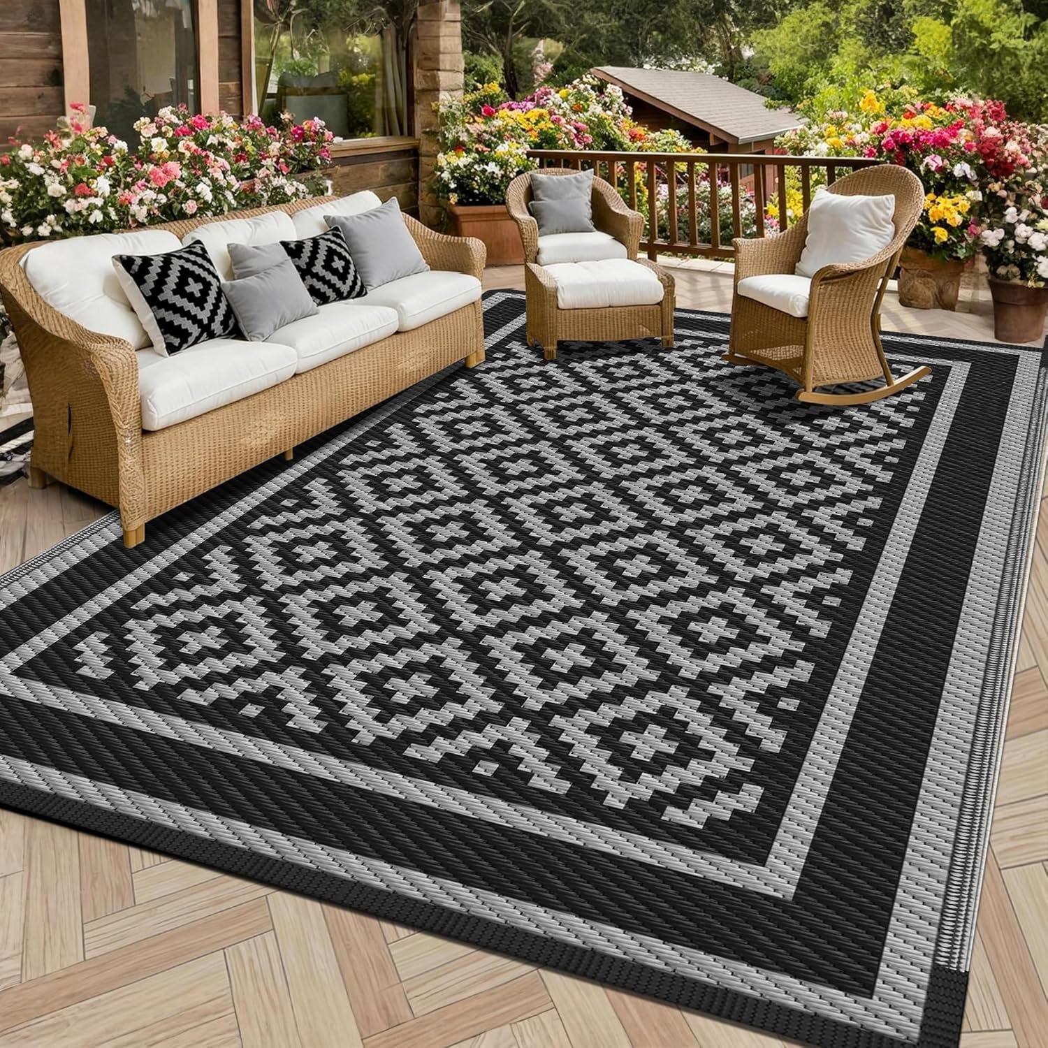 Kohree RV Outdoor Rug 9×12 Reversible, Waterproof Patio Mat with 4 Stakes & UV Fade Resistant, Non-Slip Outdoor Camping Mat for Deck, Picnic, Backyard, Includes Carry Bag (Black & Grey)