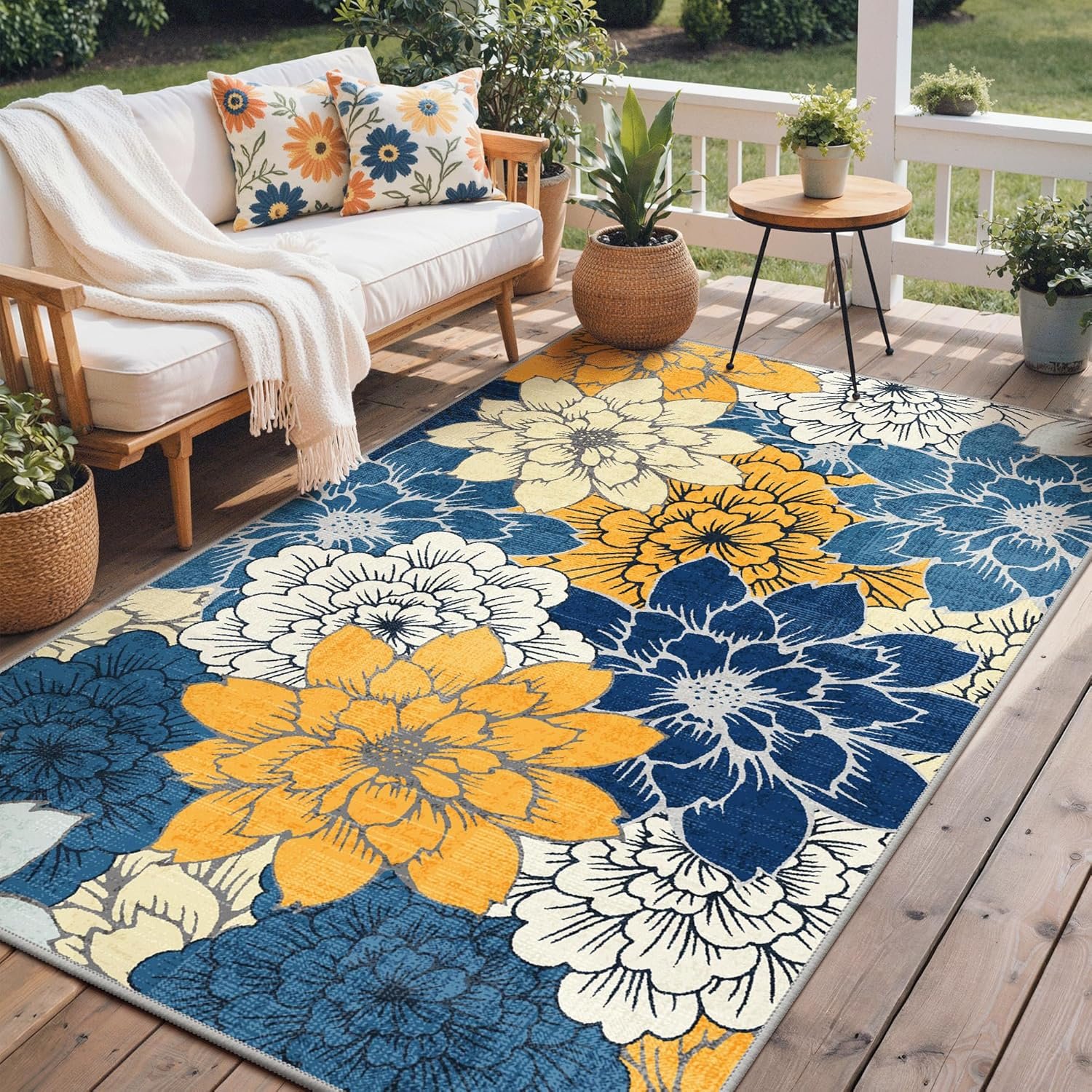 GENIMO Indoor Outdoor Area Rug 5’x8′, Machine Washable Rugs for Patio, Waterproof, Non-Slip Easy Cleaning Floral Outdoor Mat Carpet for Living Room, Bedroom, RV, Balcony, Deck, Camping, Navy Blue