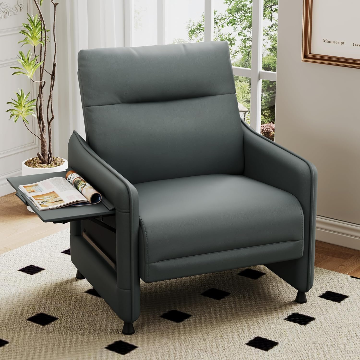 Alunaune Upholstered Living Room Chair Armchair, Mid Century Accent Chair, Reception Couch Slipper Club Lounge Chair Guest Comfy Single Sofa with Sidetable for Bedroom-Grey