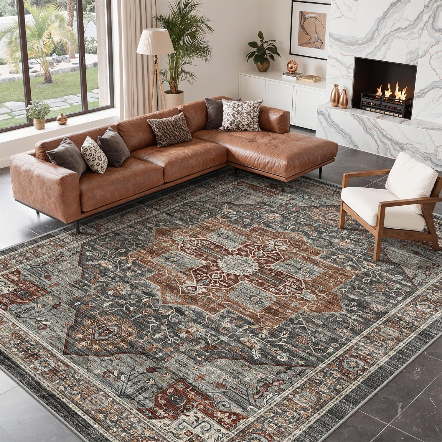 Roxstand 8×10 Area Rugs for Living Room, Vintage Washable Rug with Non-Slip Backing, Stain Resistant Large Area Rug for Dining Room, Soft Rugs for Bedroom (Grey/Brown/Tan, 8’x10′)