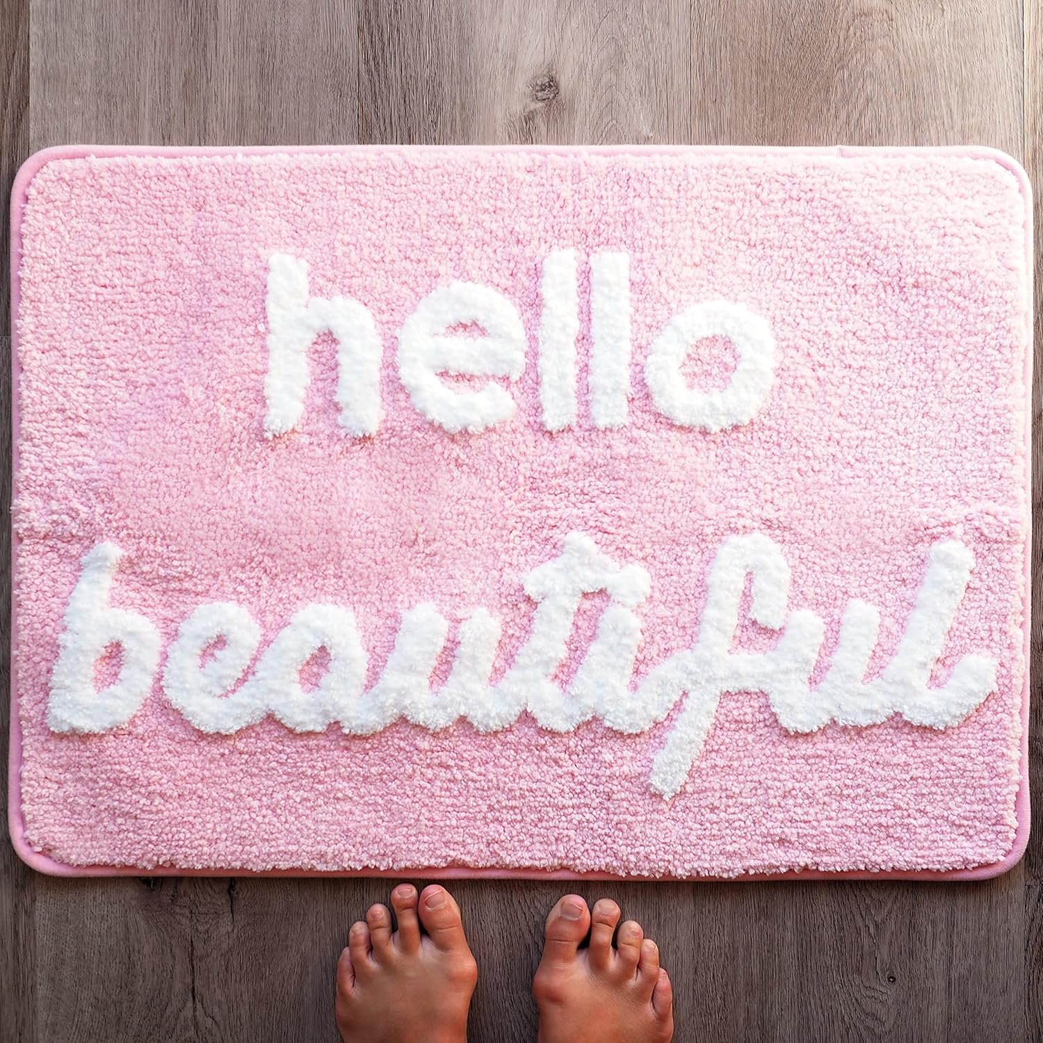 Evovee Hello Beautiful Bath Mat Light Pink Blush Peach Coral Cute Bathroom Rugs for Girls You Look Good Gorgeous Funny Shower Fun Bathroom Decor Non-Slip Washable Kids Women