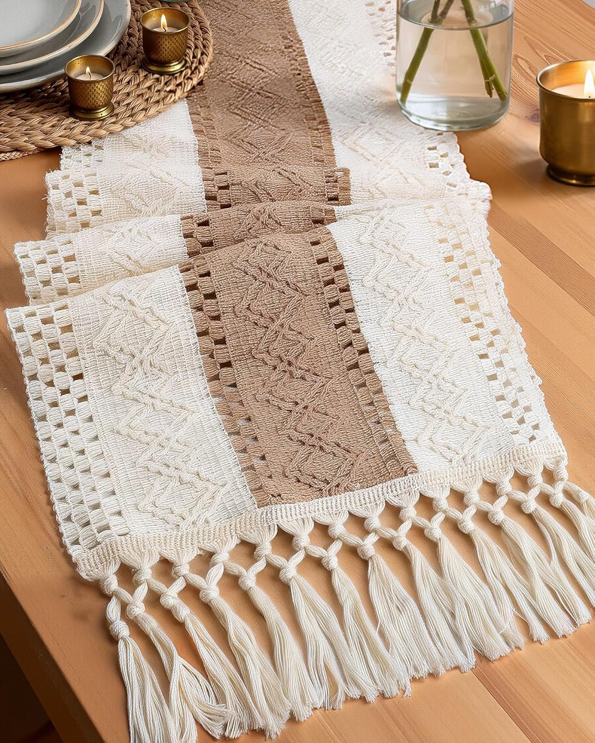 Pureegg Farmhouse Boho Table Runner – 72 Inches, Linen-Textured Woven Tassel Design for Dining Table Decor, Kitchen, Coffee Table & Living Room, 12 x 72 Inch, Brown