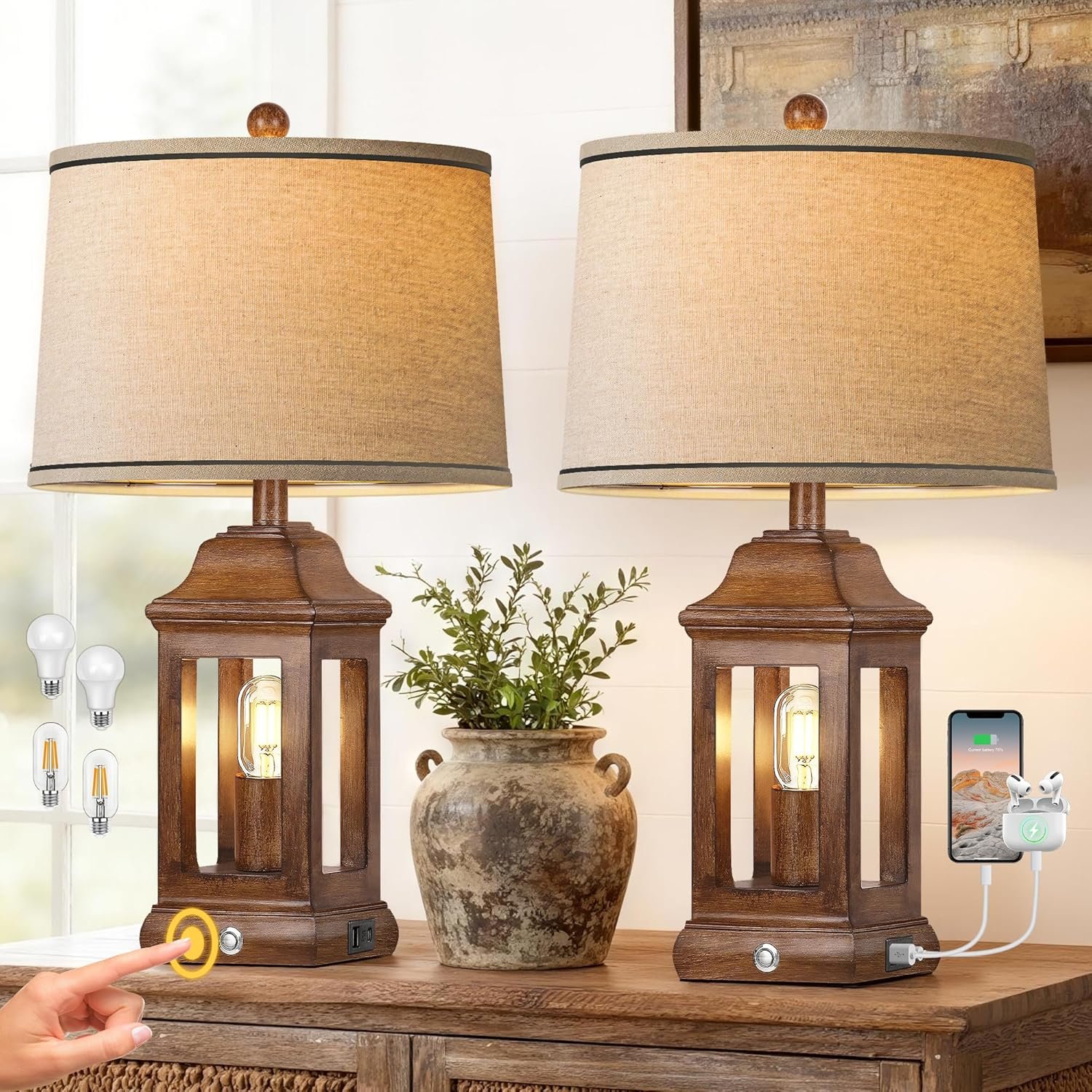 24″ Rustic Farmhouse Table Lamps for Living Room Set of 2, Touch Dimmable Nightlight Vintage Bedside Lamps with USB A+C Ports & Dual Light Sources for Bedroom Nightstand End Table, Wood Grain