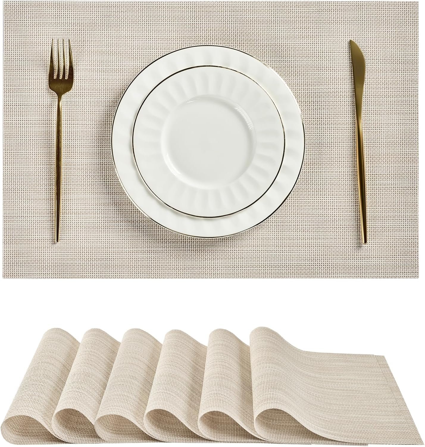 Leetaltree Beige White Placemats Set of 6 – Heat Resistant Non-Slip Place mats for Dining Table, Washable Durable PVC Vinyl Woven Table Mats(Beige White, 6)