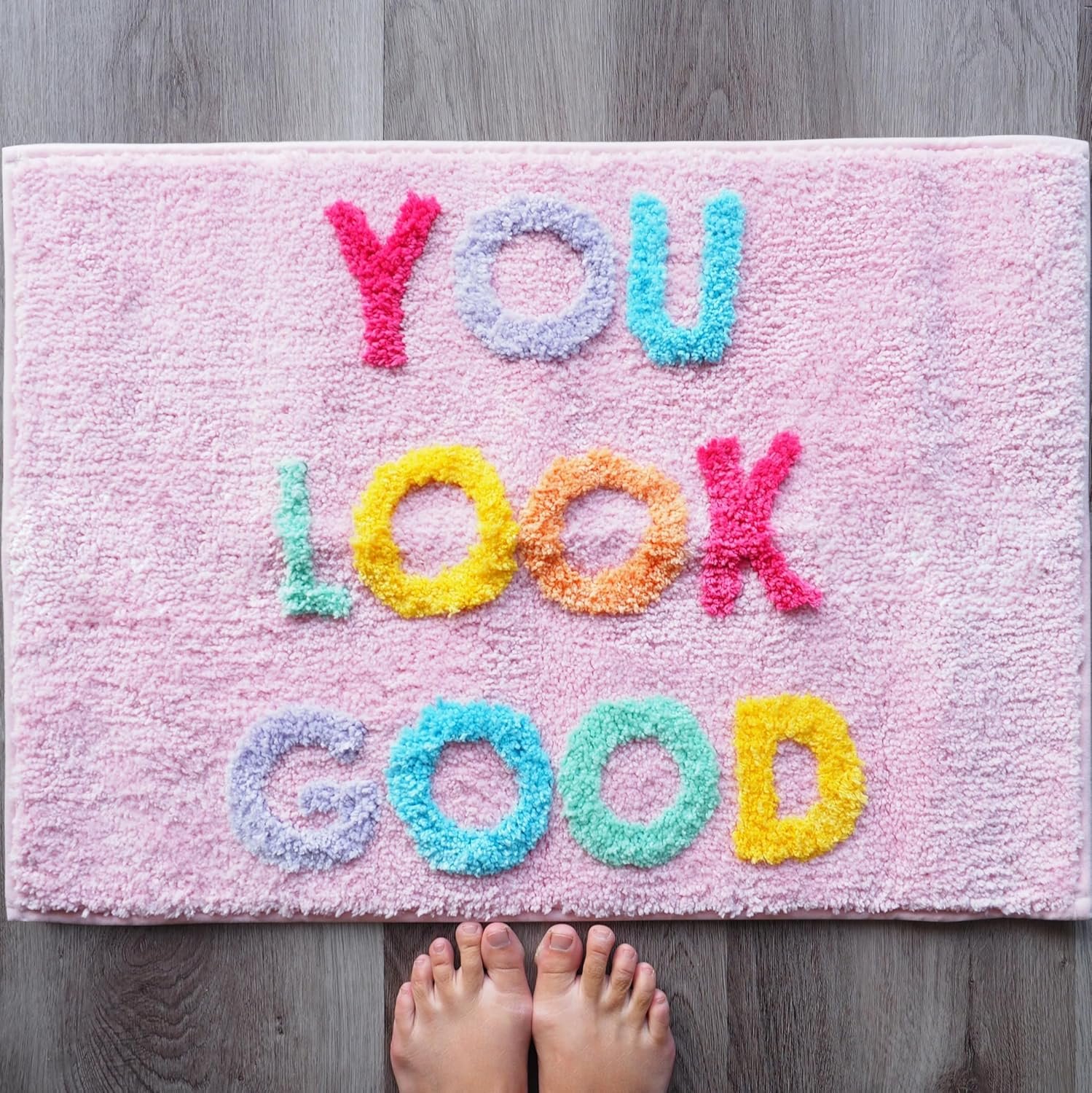 You Look Good Bath Mat Funny Cute Bathroom Rugs for Girls Hello Gorgeous Beautiful Funny Shower Fun Bathroom Decor Kids Women Light Pink Blush White Rainbow Colorful