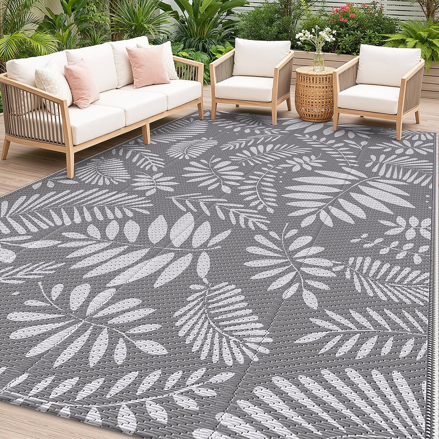StepRite Outdoor Rug, Patio Rug, Plastic Straw Camping Rugs, Large Waterproof Area Rug and Mat for Outdoors, RV, Patio, Backyard, Deck, Porch, Beach, Balcony, (5’x 8′, White&Gray)