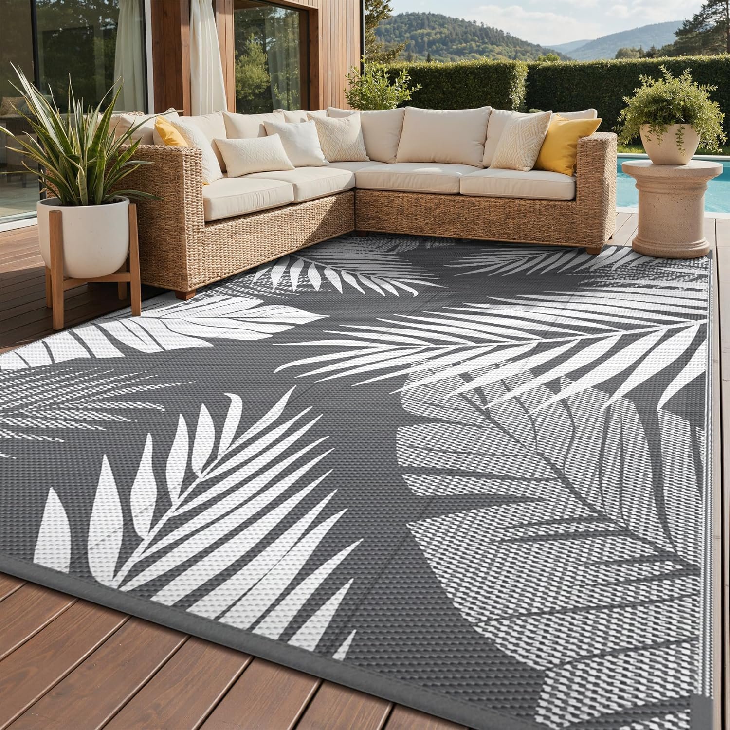 GENIMO Outdoor Rug 8′ x 10′ Waterproof for Patios Clearance, Reversible Plastic Straw Camping Rug Carpet, Large Area Rugs Mats for RV, Picnic, Backyard, Deck, Balcony, Porch, Beach, Grey&White