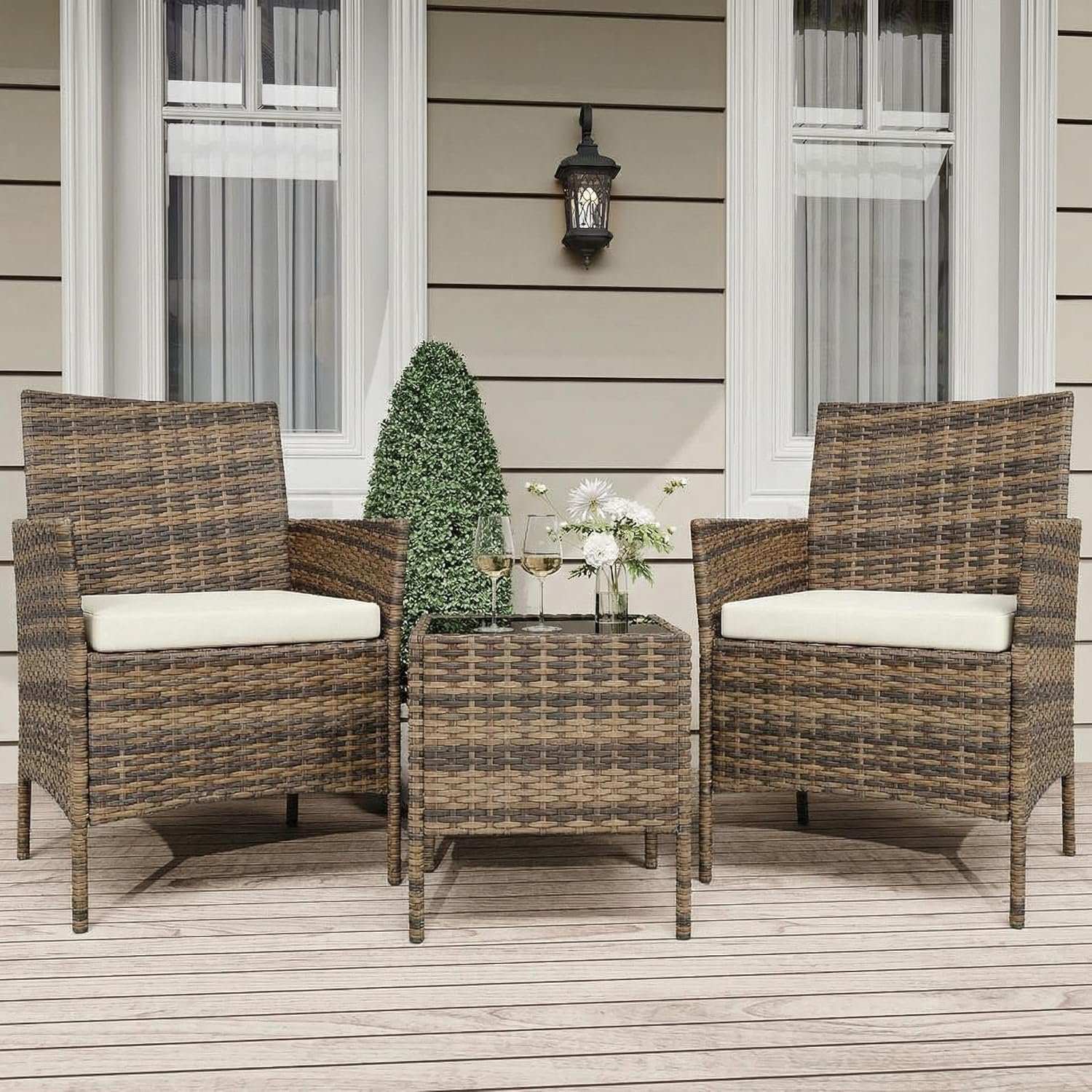 GarveeLife 3 Piece Patio Furniture Set, Rattan Outdoor Furniture with 2 Chairs & Coffee Table, Modern Outdoor Seating Conversation Bistro Set for Garden Backyard Porch (Gradient Brown and Beige)