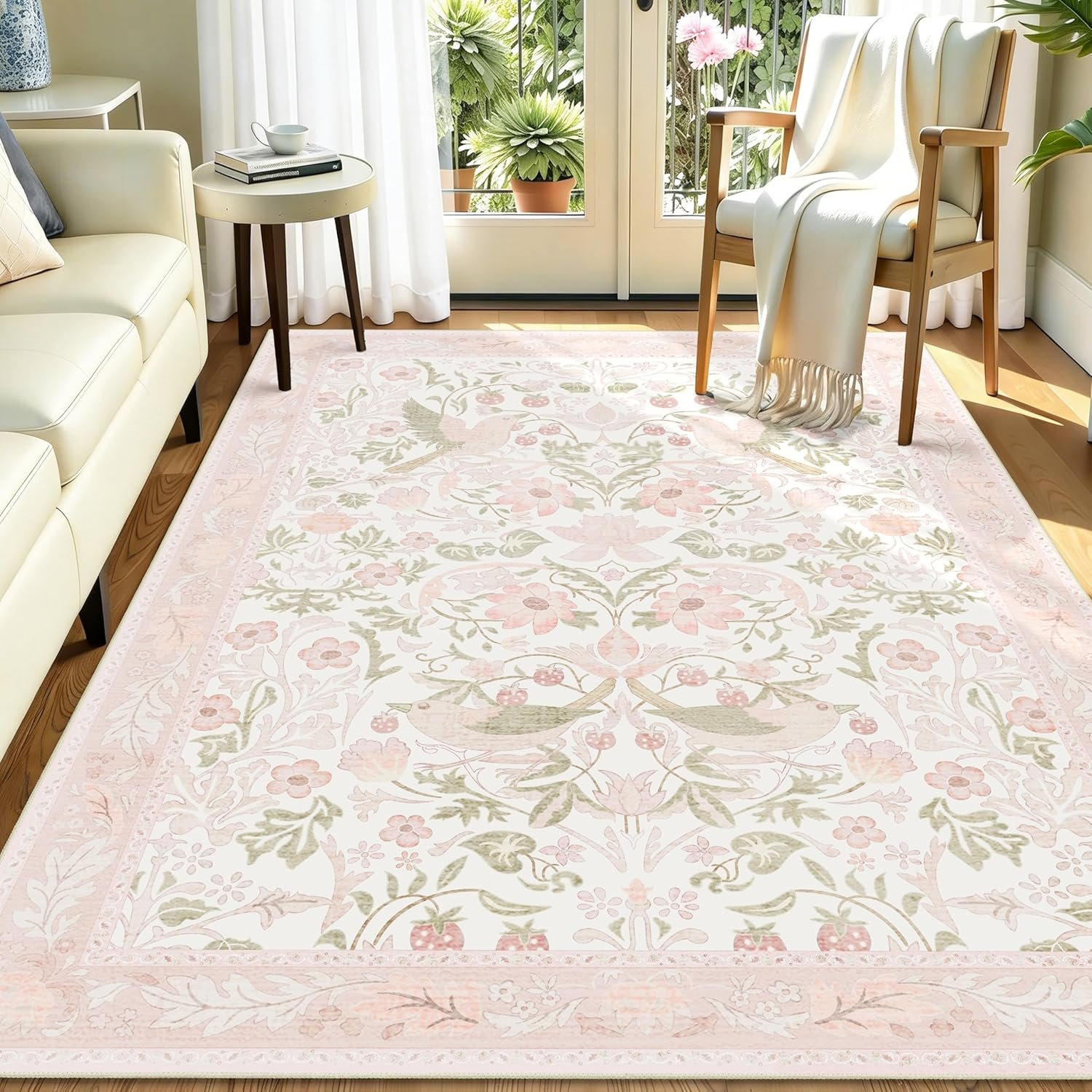 8’x10′ Area Rugs Washable,Pink Rug for Living Room Bedroom Dining Room,Large Boho Botanical Farmhouse Bohemian Distressed Oriental Carpet Non Slip,Blush Floral Bird