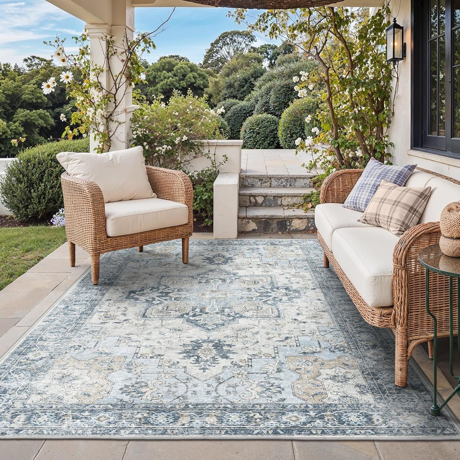 GENIMO Outdoor & Indoor Area Rug 5’x8′, Waterproof, Non-Shedding, Easy Cleaning, Boho Mat for Patio, Living Room, Balcony, Dining Room, RV, Deck, Bedroom, Camping, Outside Carpet,Blue