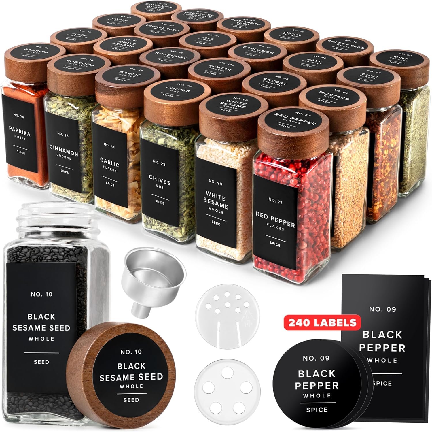 EDELHAUS® Square Spice Jars with Acacia Wooden Lid (Pack of 24) Spice Jars with Shaker Insert and 240 Labels – Acacia Lids Glass Container for Spice Organisation [4.3 in × 1.8 in]