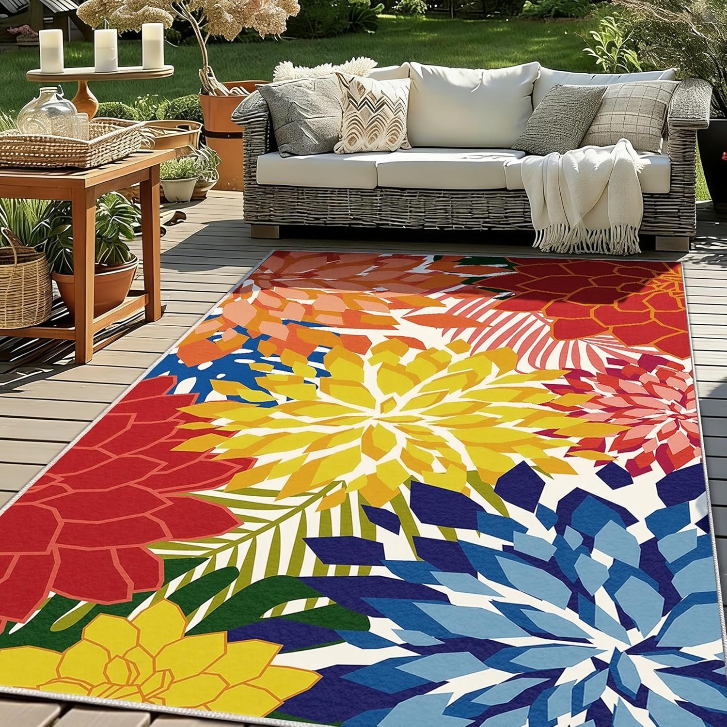 ZonLi Outdoor Rug 5x8Ft Waterproof Multicolored Indoor Area Rug Washable Outdoor Patio Rugs Tropical Floral Non Slip Outdoor Carpet for Living Room, Pool,Backyard,Deck,Camping.