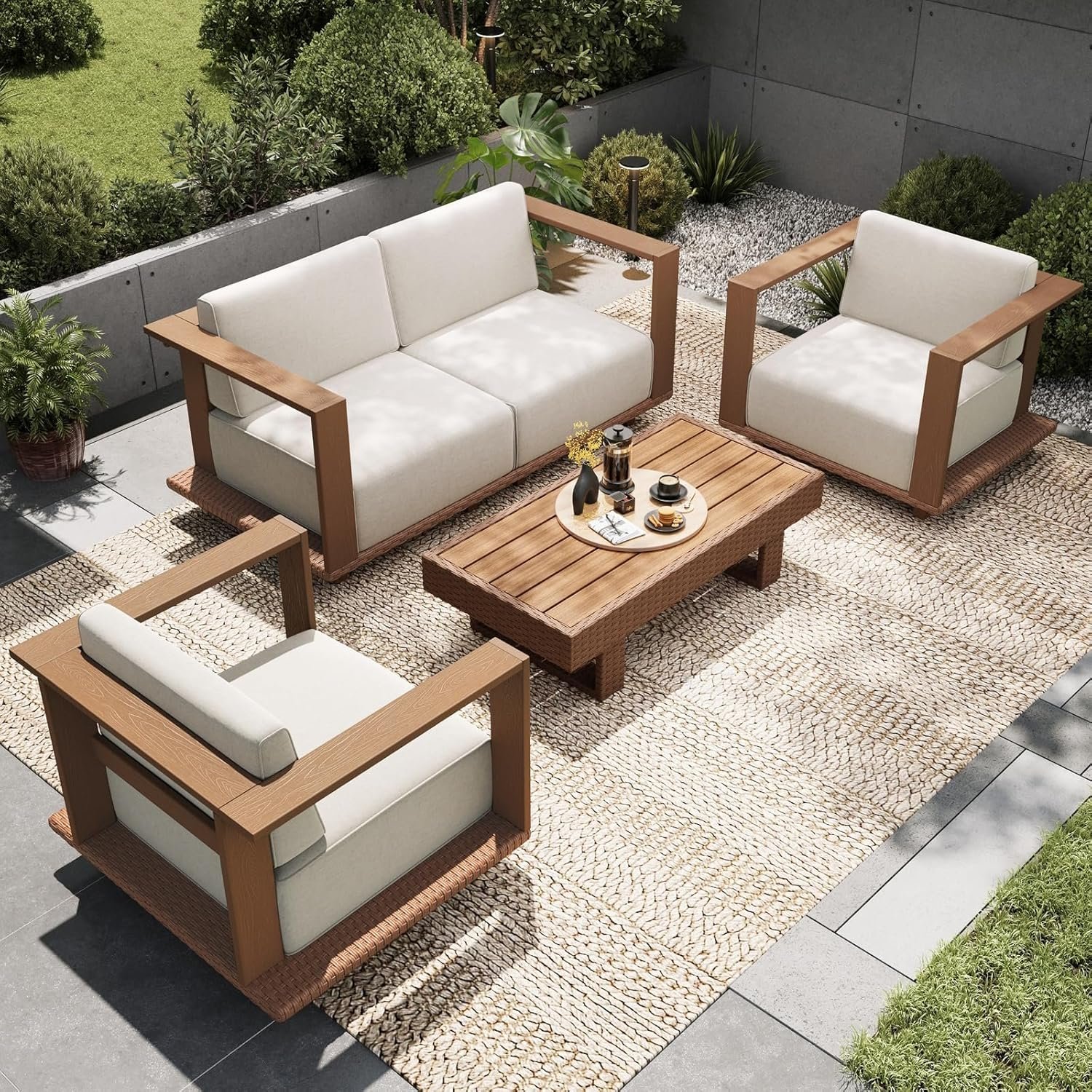 Sophia & William HDPE Patio Furniture Set，Modern Outdoor Sectional Sofa Set with 9.8″ Cushions and 43.5″ Wood Grain Coffee Table, Deep Seating Outdoor Conversation Set for Backyard(Beige, 5 Pieces)
