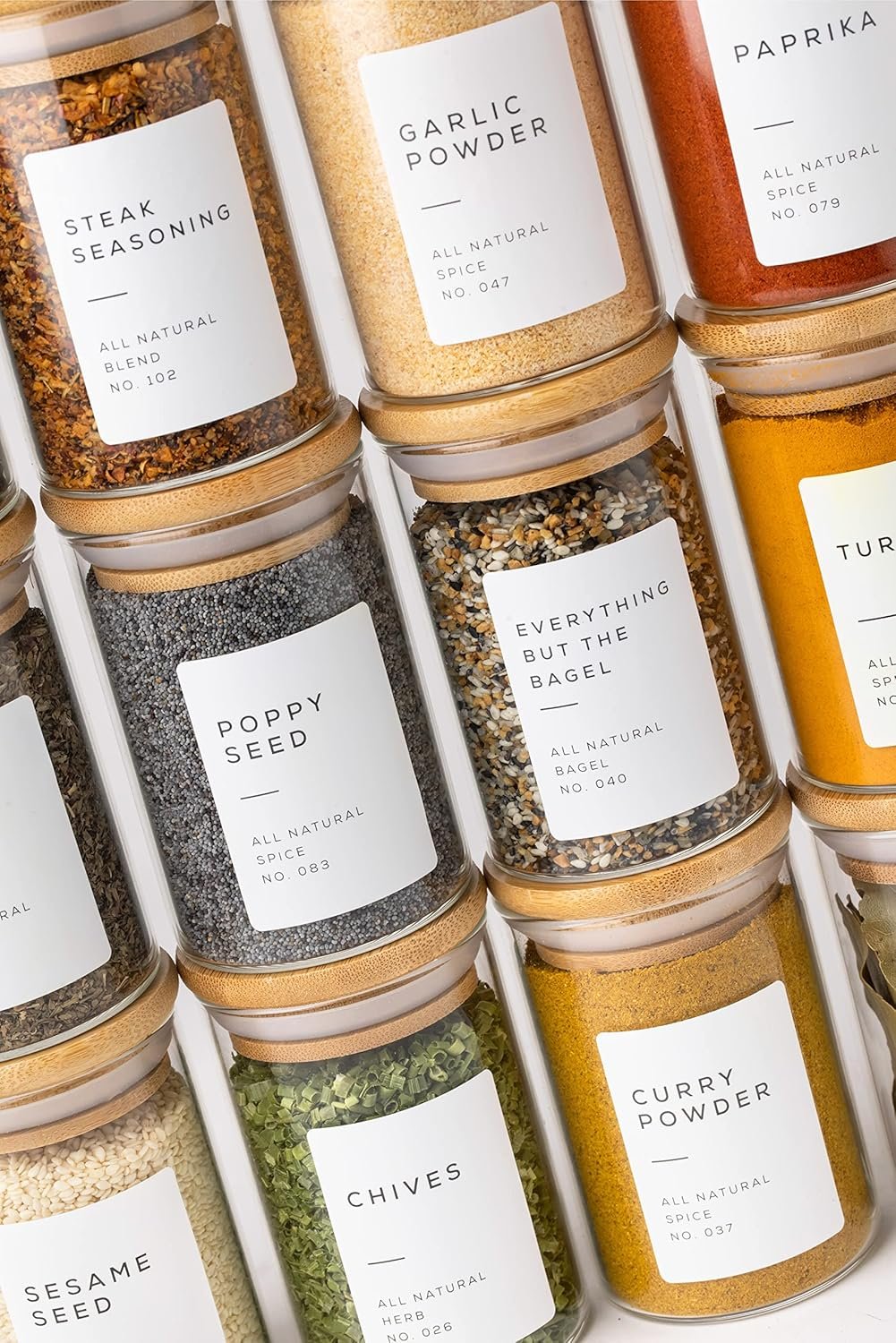 Bloomondo Empty Spice Jars with Label Pack (12x Bamboo Lid Glass Jar). Small 6oz Spice Storage Bottles with 112 Printed Stickers and 48 Writable Pantry Labels for Seasoning Containers