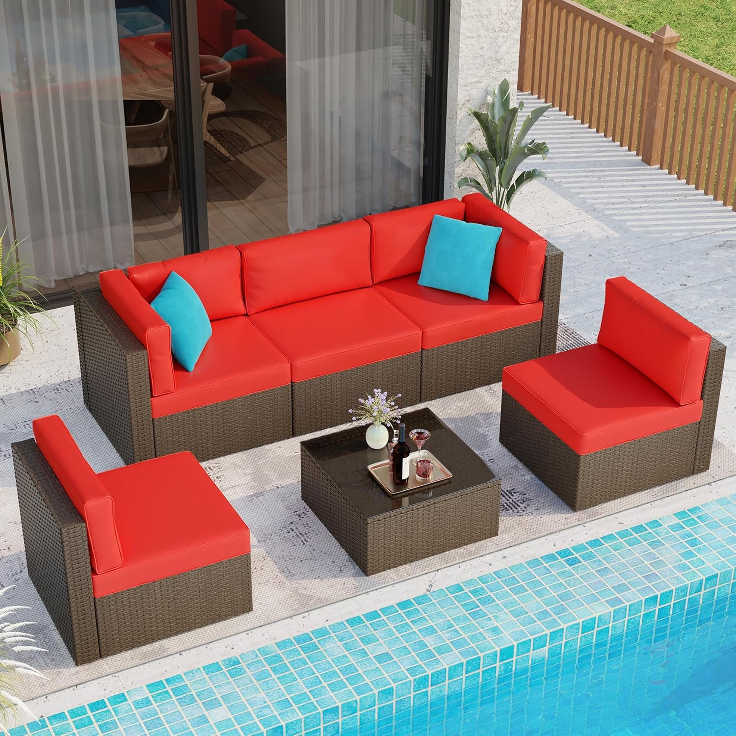 Shintenchi 6 Pieces Patio Furniture Sets Outdoor All-Weather Sectional Patio Sofa Set PE Rattan Manual Weaving Wicker Patio Conversation Set with Glass Table&Ottoman Cushion and Red Pillows, Red