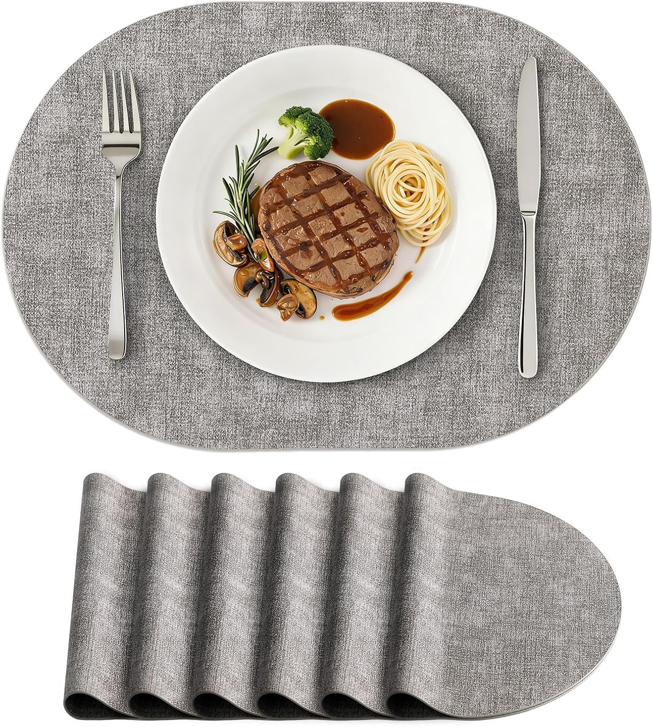 homing Placemats Set of 6, Heat Resistant Oval Faux Leather Place Mats 11.8 x 17 Inch, Waterproof Wipeable Reversible PU Placemat for Kitchen Dining Table, Indoor & Outdoor, Light Grey