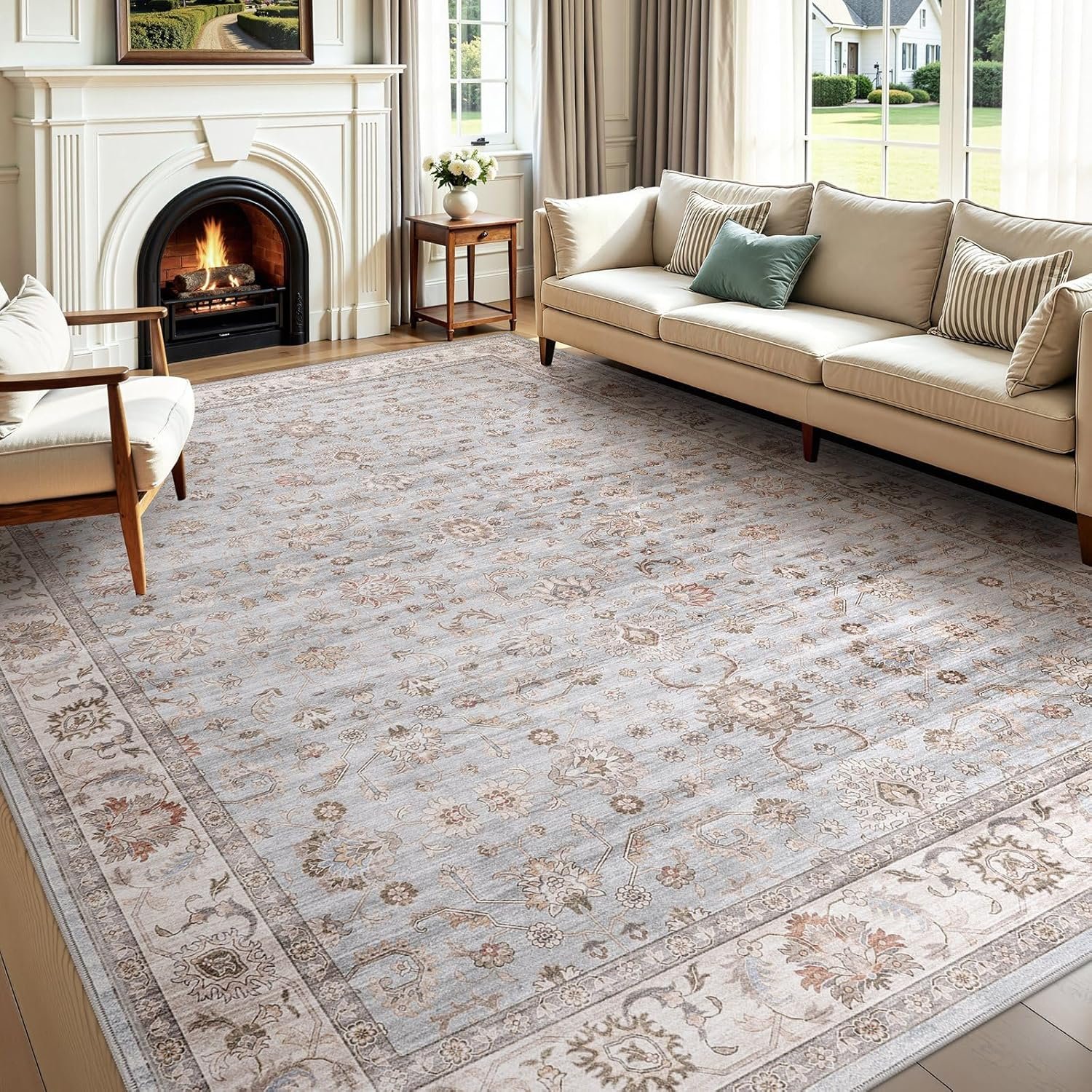 WITSHOCK 8×10 Area Rugs for Living Room: Machine Washable Non Slip Vintage Carpet – Low Pile Lightweight Print Rug for Bedroom Dining Room Kitchen Table – Stain Resistant for Household (Light Blue)