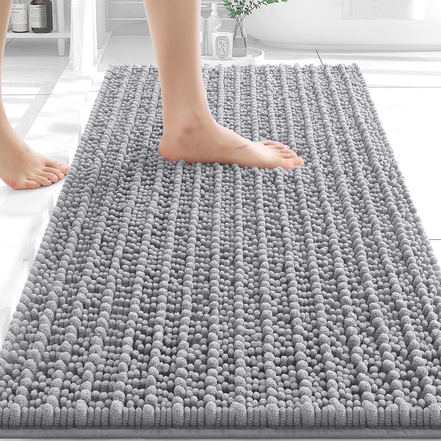 OLANLY Bathroom Rugs 32×20, Thick Soft and Absorbent Chenille Bath Mat, Non-Slip Rubber Backing, Machine Washable Quick Dry Bath Rugs for Tub Shower Floor, Home Decor Accessories, Grey