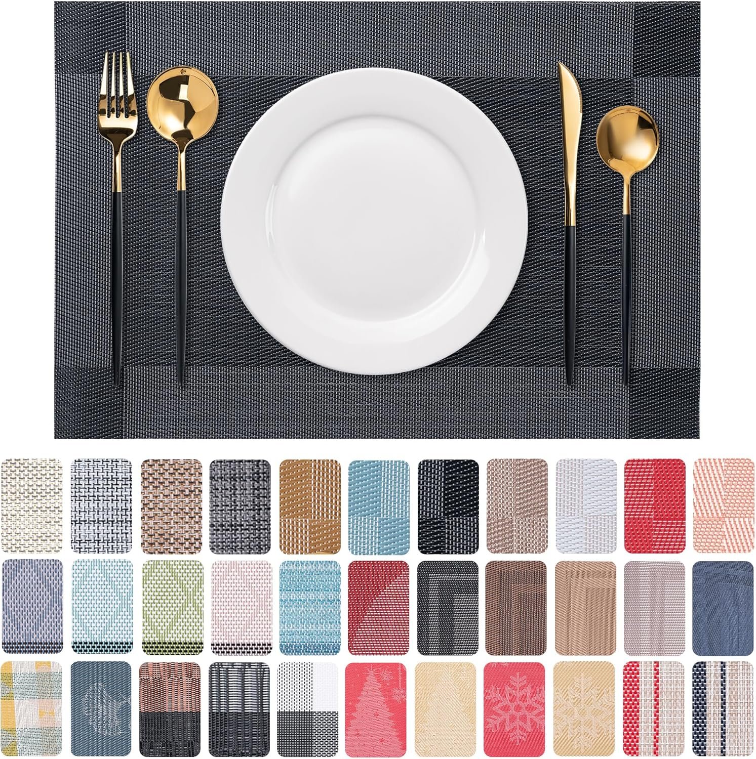CADONO Placemats Set of 6 Washable Indoor/Outdoor Vinyl Place Mats for Dining Table Durable Non-Slip Heat Resistant PVC Weave Table Mats（Four-Corner-Black）