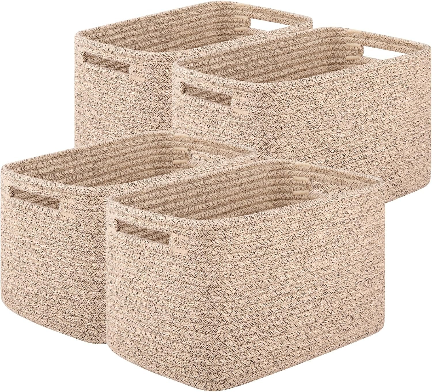 OIASKET Storage Baskets for Organizing, Woven Decorative Baskets for Shelves – Books, Towels, and Clothes, Cotton Rope Toy Storage Bins, 12.7”Lx9”Wx7.8”H, Pack of 4, Brown