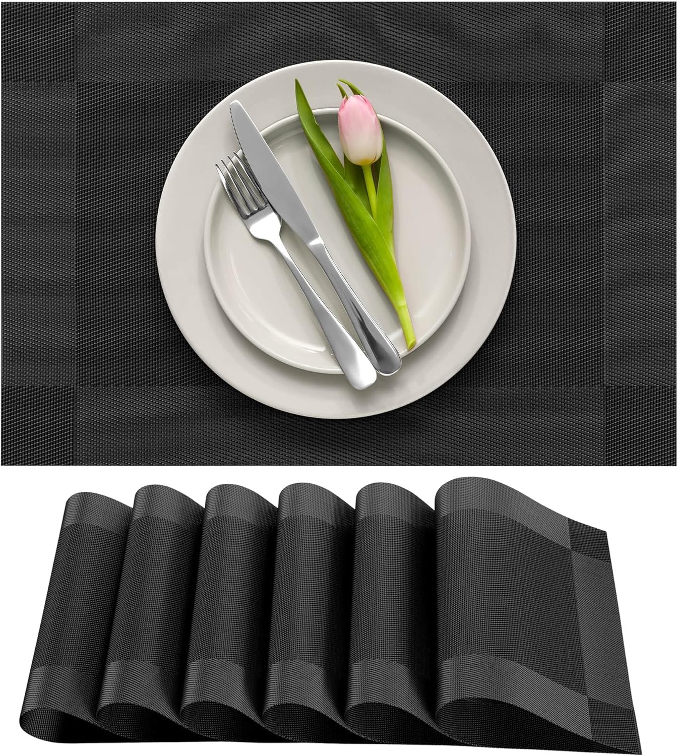 More Décor Dining Table Placemats, Washable Heat-Resistant PVC Vinyl Table Mats for Dining Room and Kitchen, Anti-Slip – Set of 6 -Black