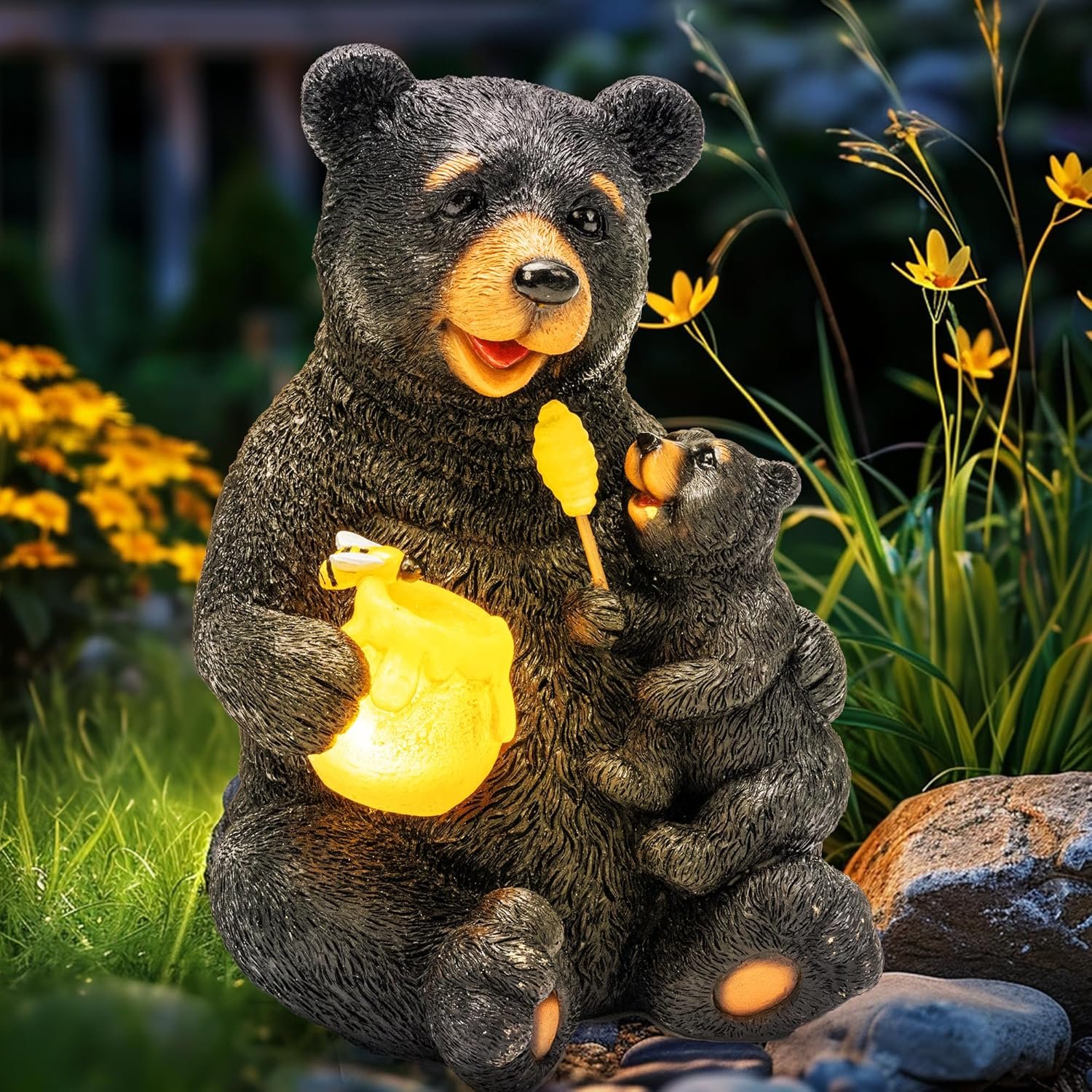 GIGALUMI Solar Garden Statues Bears 9″, Loving Black Bear Decor, Yard Decorations Outdoor, Bear Figurine Lights for Outside, Garden Decor Unique Birthday Housewarming Gifts for Women, Mom